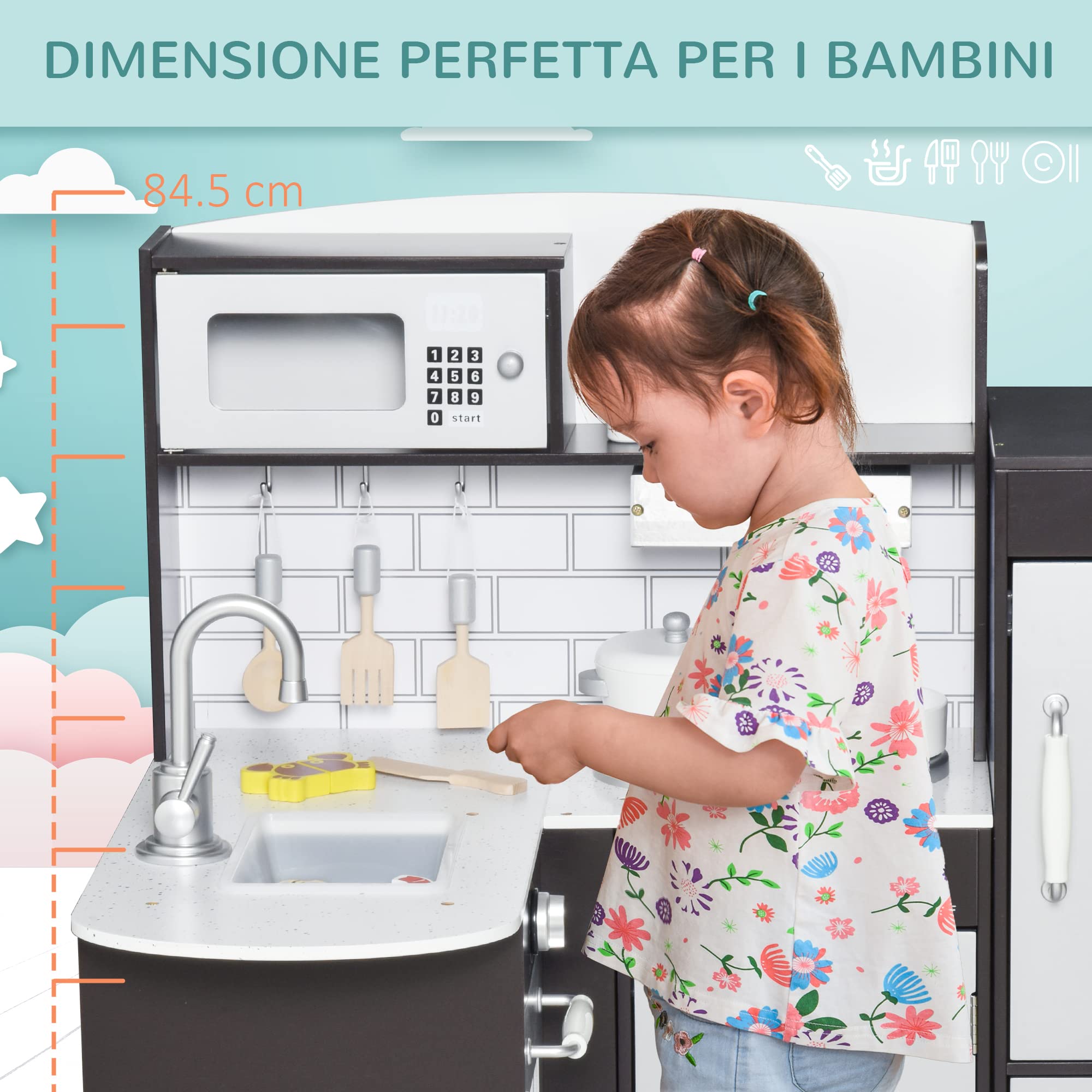 HOMCOM Cucina Giocattolo per Bambini 3+ Anni, in Legno, Argento Marrone | 14 Accessori, Forno, Lavandino, Frigo e Microonde, 86x64x84.5cm