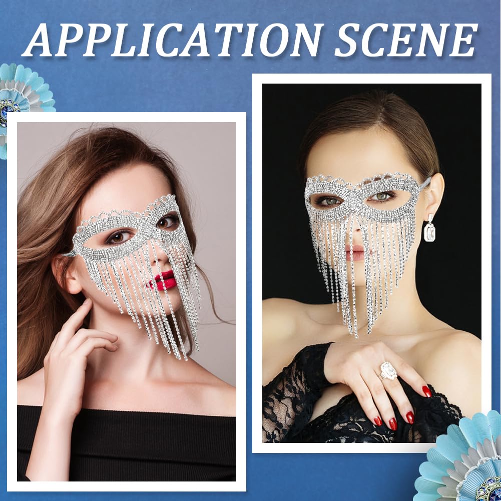 CABODYALS Chaîne De Visage Argentée Scintillante Triangle Strass Voile Cristal Pompon Bandeau Couvre Chef Masque Chaînes En Alliage Pour Femmes Danse Cosplay Costumes Fête Halloween Décoration