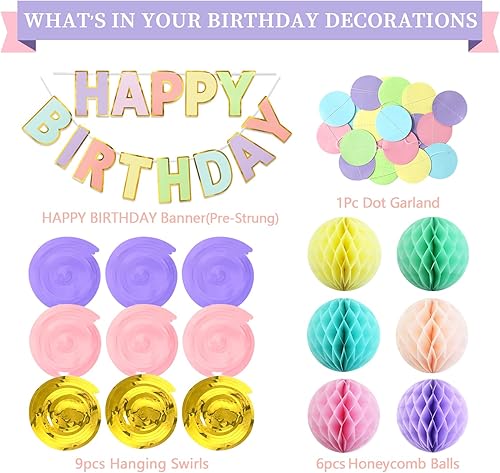 Miniatura 6 de Decoraciones de cumpleaños, sin necesidad de armar, paquete de 17, cartel de feliz cumpleaños de macarrón, bolas de nido de panal, remolinos,