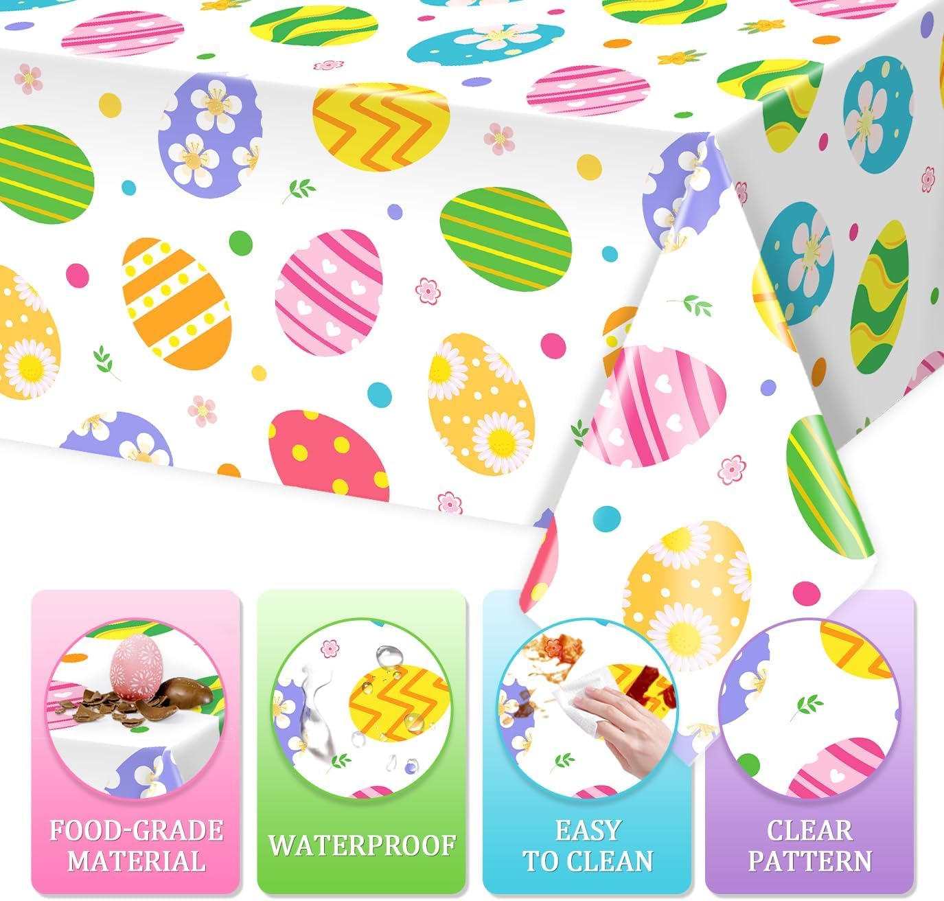 3Pcs Easter Party Disposable Tablecloth Bright Easter Eggs Printed Plastic Table Cover Spring Flower Dot Waterproof TableCover for Kids' Egg Hunt Holiday Party Table Decorations
