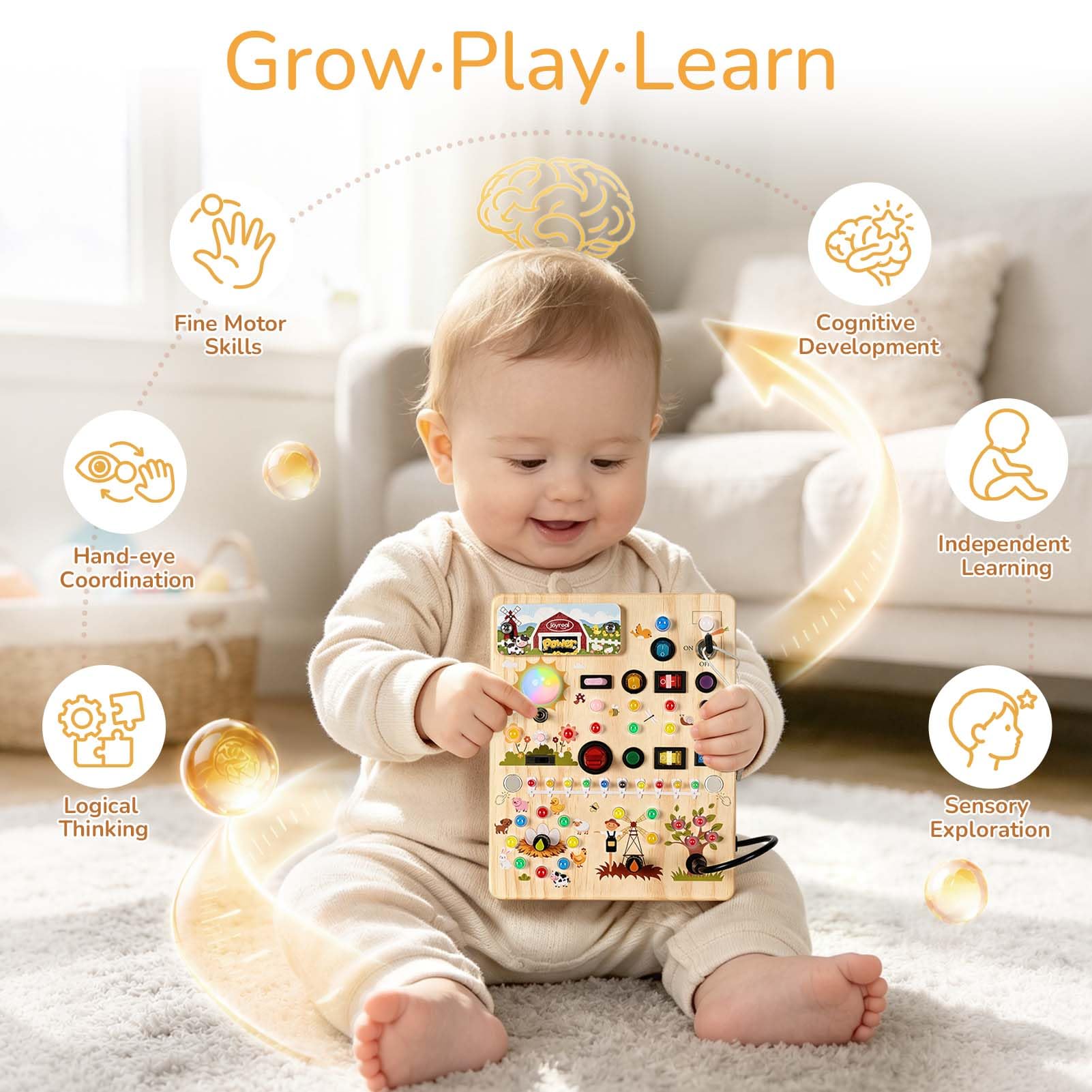 Joyreal Busy Board Giochi Bambini 1 Anno, Tavola attività Montessori in Legno con 39 Luci LED E 17 Interruttori, Gioco Sensoriale Educativo per Bambini, Regalo Bambino 1 2 3 Anni