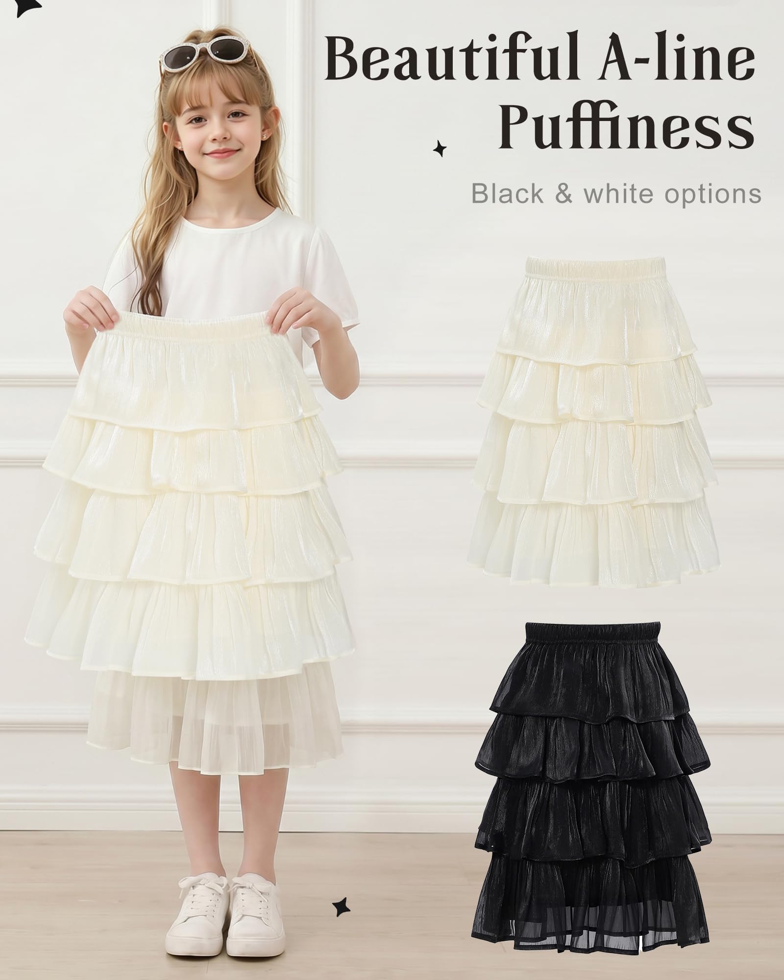 KAKU NANU Falda Midi Tul para Niñas con Acabado Brillante Efecto Perlado Cintura Alta y Volantes Tejido Antiarrugas Largo Modesto Ideal para Paseos, Parque y Picnic Tallas 5 a 14 Años Negro y Blanco