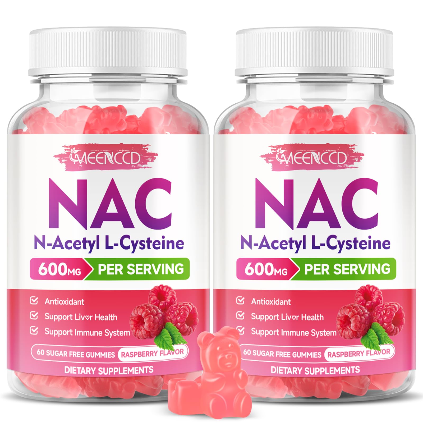 MEENCCD 2 Pack NAC Gummies, N Acetyl Cysteine 600mg NAC Supplement for Antioxidants & Immune Support, Sugar-Free, Raspberry Flavor, 120 Count 60 Count (Pack of 2)