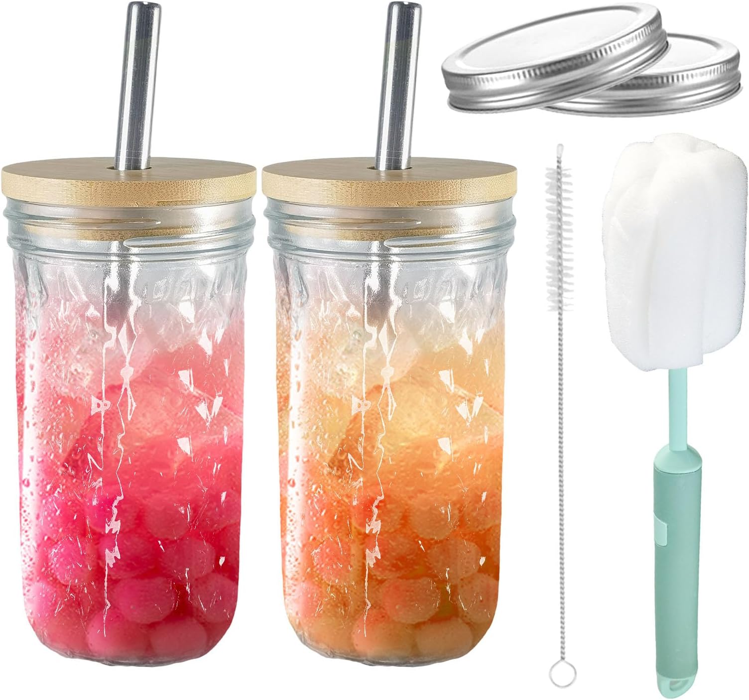 2 PCS 24 Oz Bubble Tea Cup Glass Cups with Lids and Straws,Mason Jars,Reusable Iced Coffee Cup,Suitable for Drinking, Water, Cocktails, Whiskey, Bubble 710ml