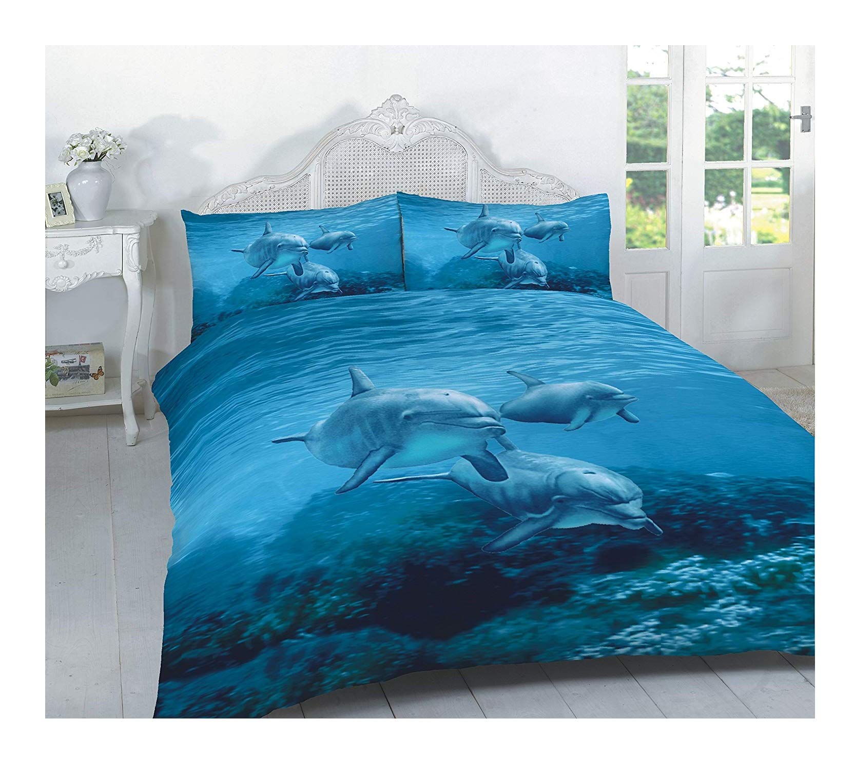 Excellent Hotel Quality Super King Size Blue Dolphin Printed Design Duvet Cover Set Bedding Set with Pillowcases - Super King Size