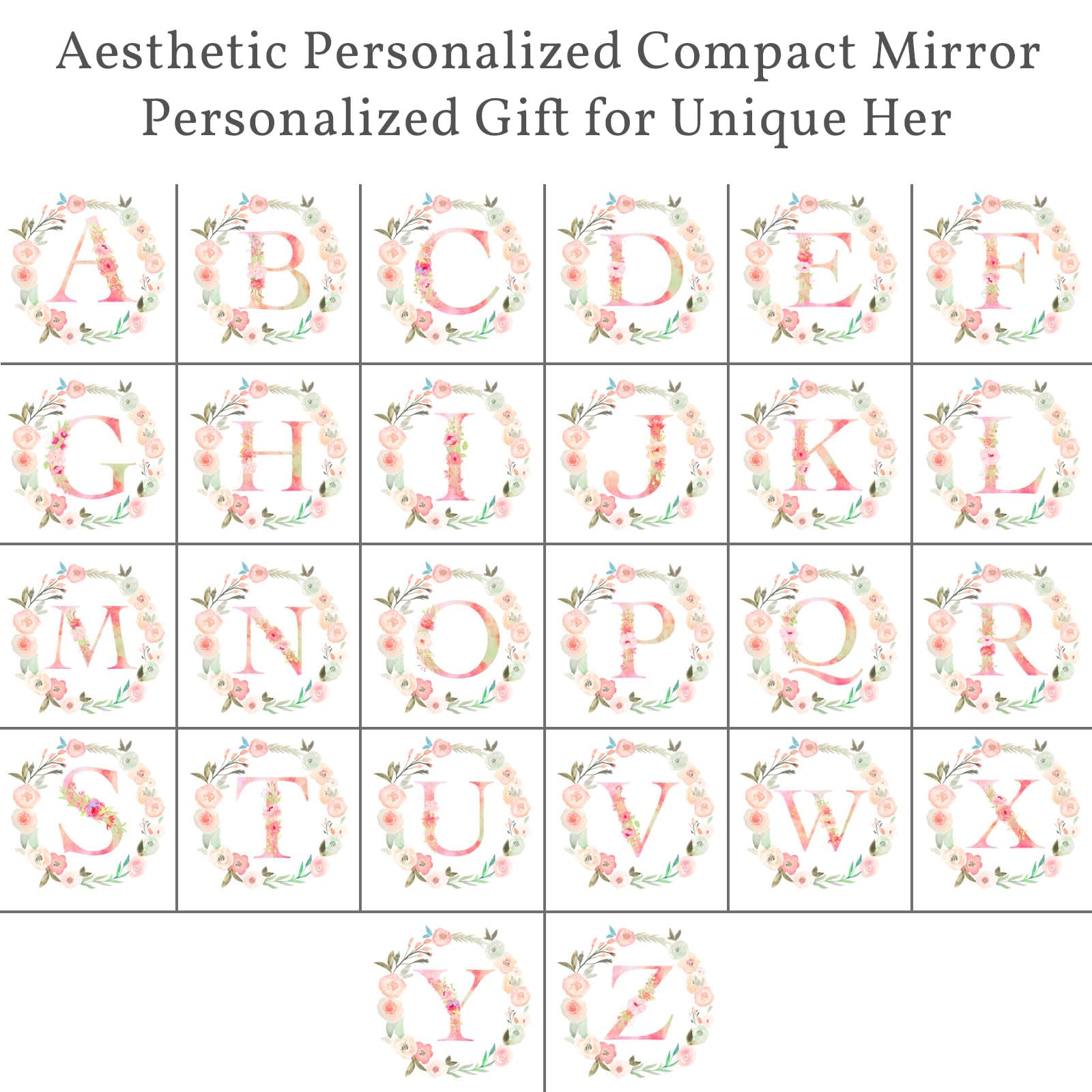 Personalized Gift Initial Compact Mirror w Makeup Bag for Women Sister Daughter Mom Wife, Floral Monogram Alphabet Small Mirror Ideal Gift on Birthday, Christmas, Graduation (J + Bag, ROSE GOLD)