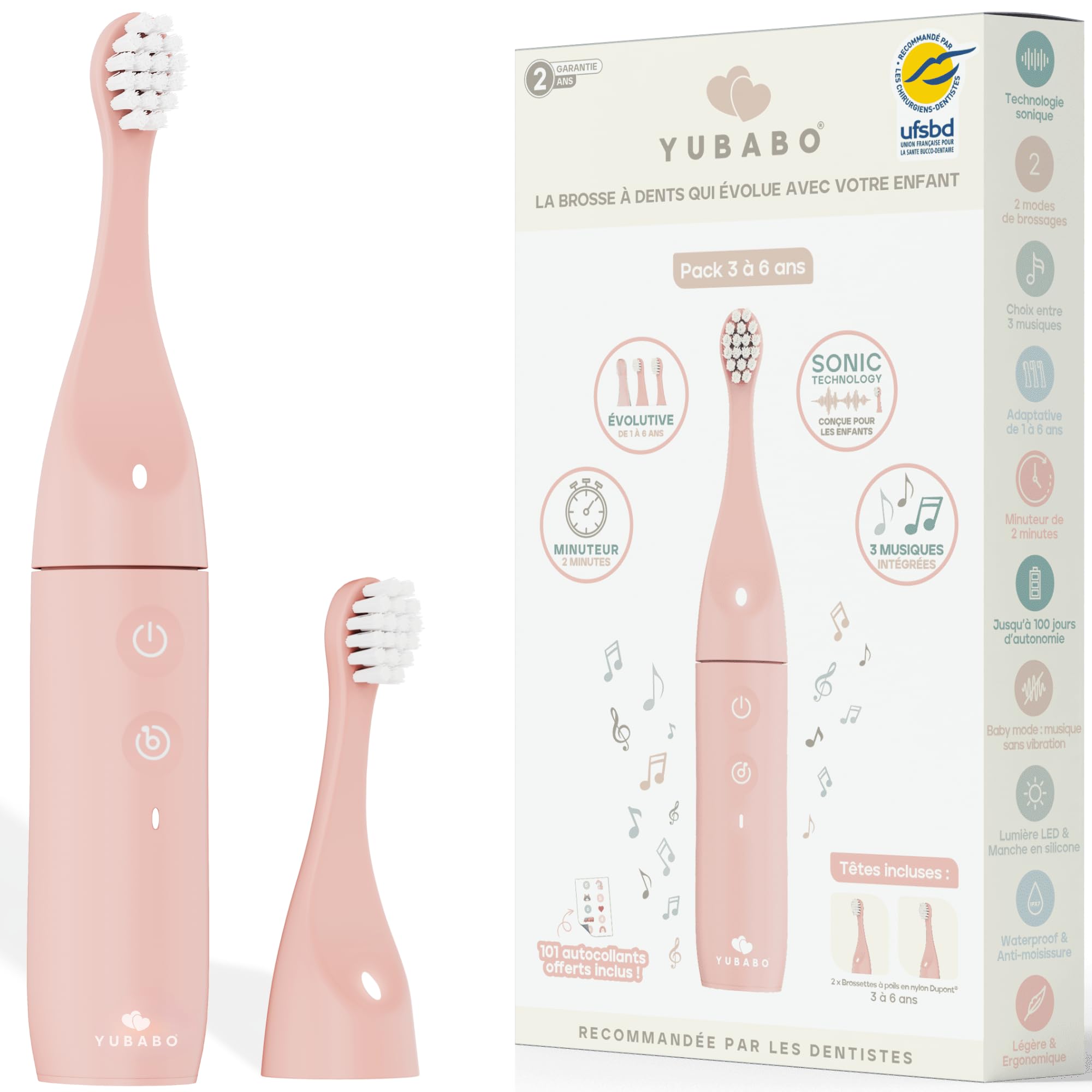 Cepillo de dientes eléctrico infantil musical – Vibración sónica – Recomendado por los dentistas – 100 días de autonomía – Escalable – 2 modos – Temporizador integrado de 2 minutos – 3 a 6
