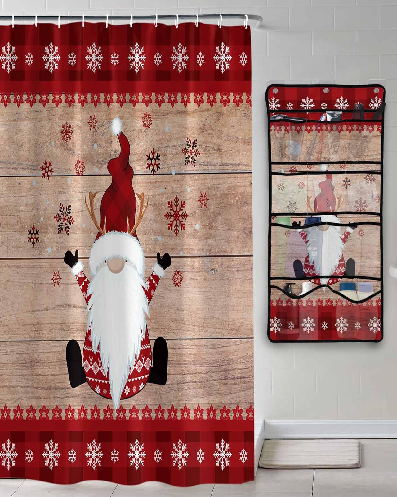 Shower Curtain Mesh Shower Organizer Hanging Set Merry Christmas Gnome Xmas Elf on Rustic Wood Grain Waterproof Shower