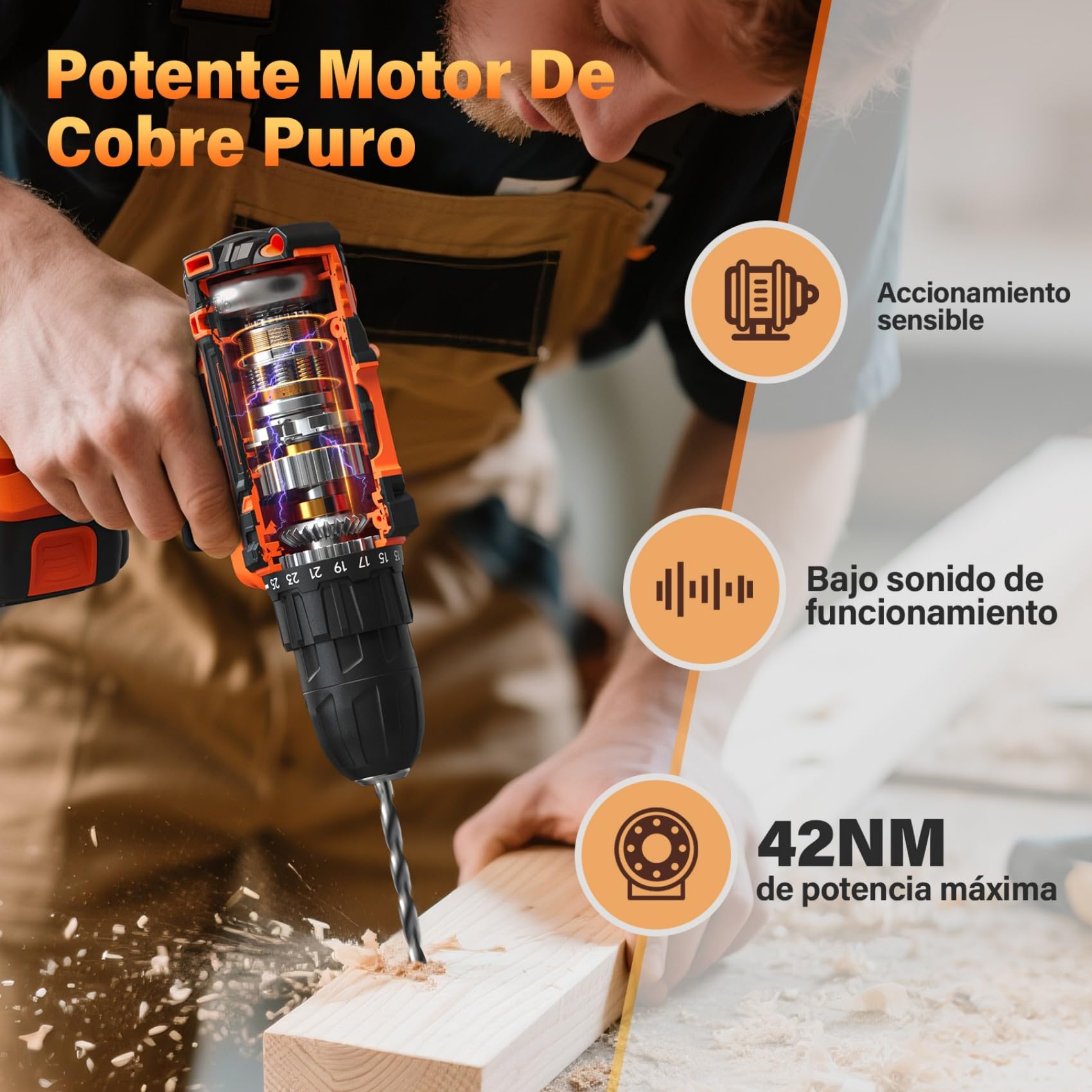 Taladro Atornillador a Batería 20V Inalámbrico, 42Nm Alto Torque, 2 Baterías Recargables 2000mAh, 25+1 Ajustes de Par, 2 Velocidades, Portabrocas 10mm, Luz LED Integrada, Juego 24 Piezas Accesorios