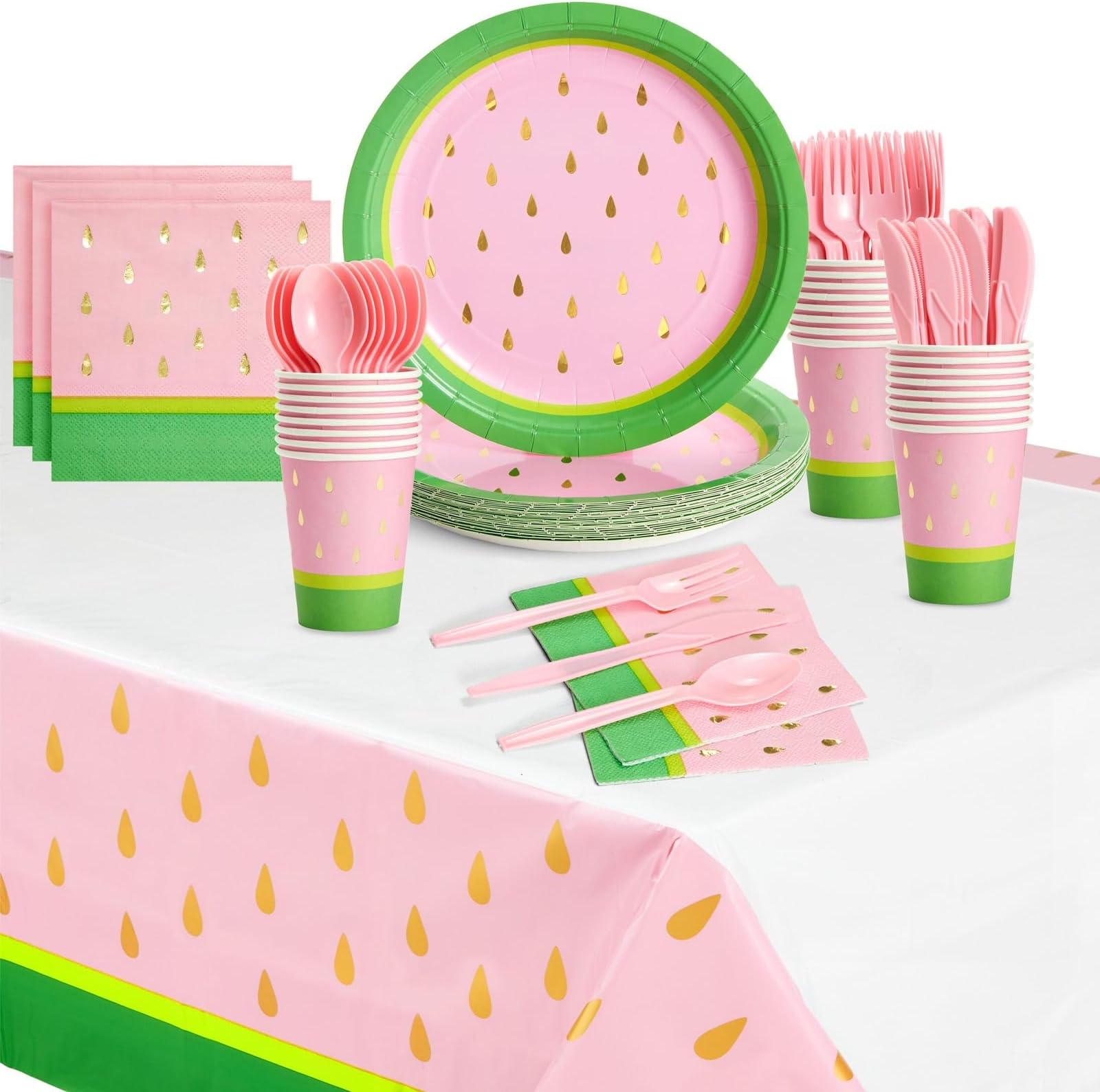 Watermelon Theme Party Supplies (Pink and Green, Gold Foil, Assorted Accessories, 24 Pack)