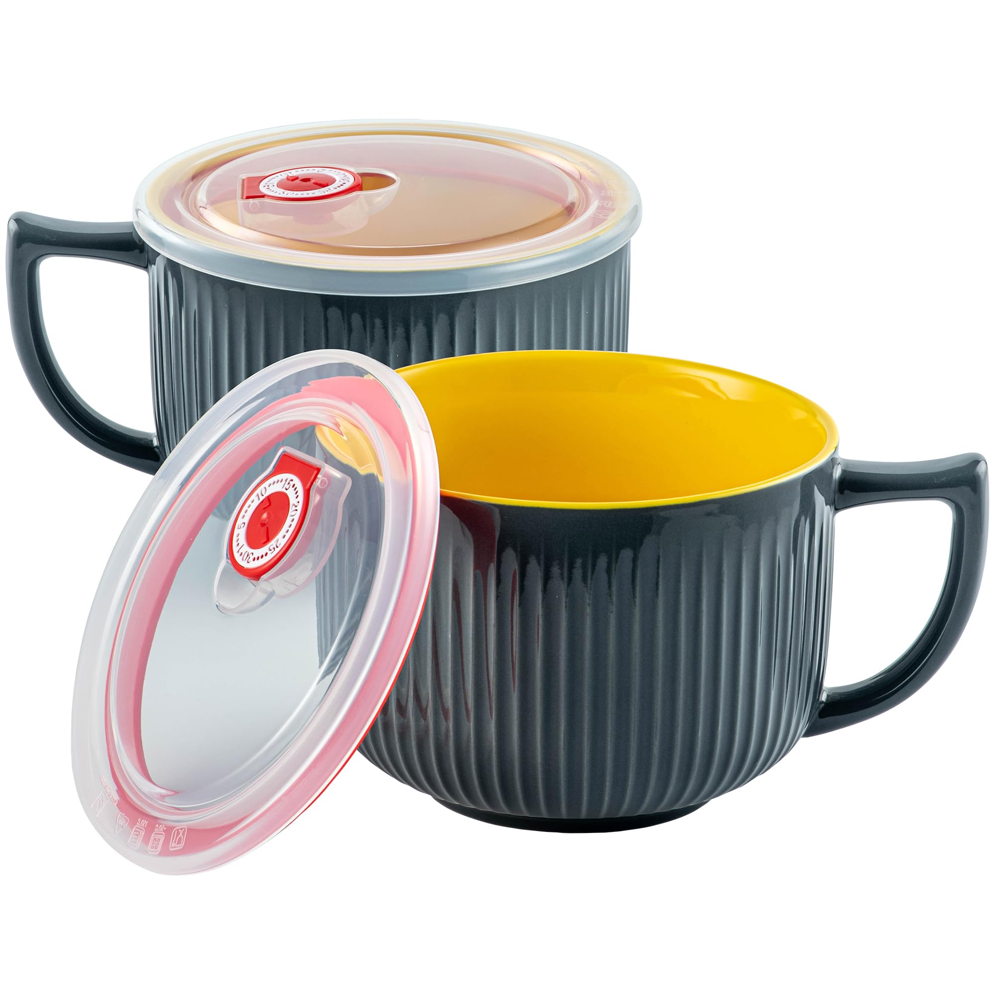 Tazón de sopa de cerámica con asa y tapa, jumbo de 38 onzas para microondas para ramen, juego de 2 | Taza de sopa con mango en D ancho y cómodo para fideos, avena, ensalada, recipiente de sopa para almacenamiento de sobras