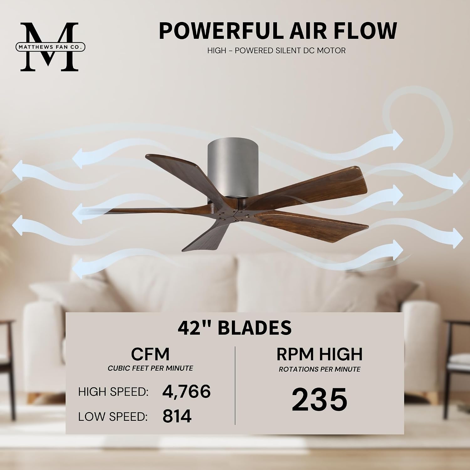 Matthews IR5H-BN-WA-42 Irene Damp Rated 42" Flush Mount Ceiling Fan with Remote & Wall Control, Silent DC Motor, 5 Walnut Tone Solid Wood Blades, Brushed Nickel