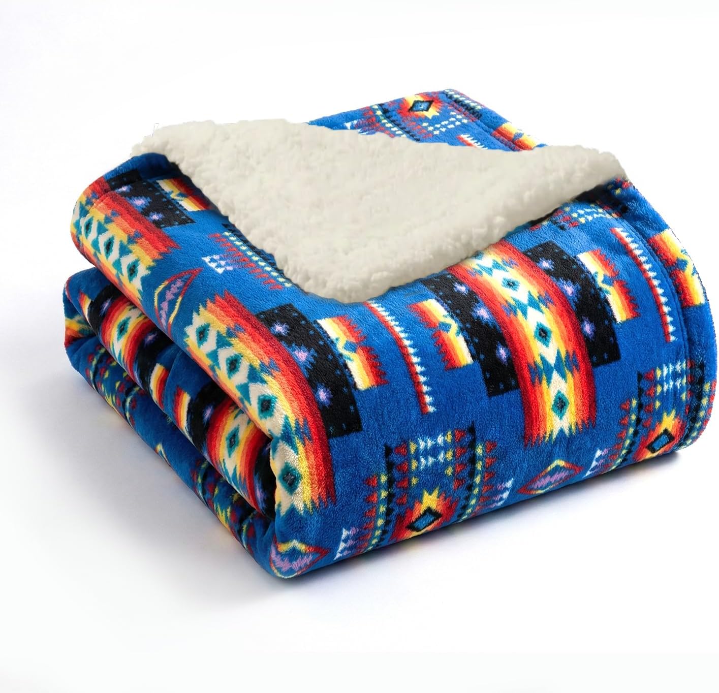 Sacred Thread Aztec Blanket Fleece, Reversible Native American Blanket, Western Throw, Native American Western (Blue Sherpa), Queen (79”x95”)