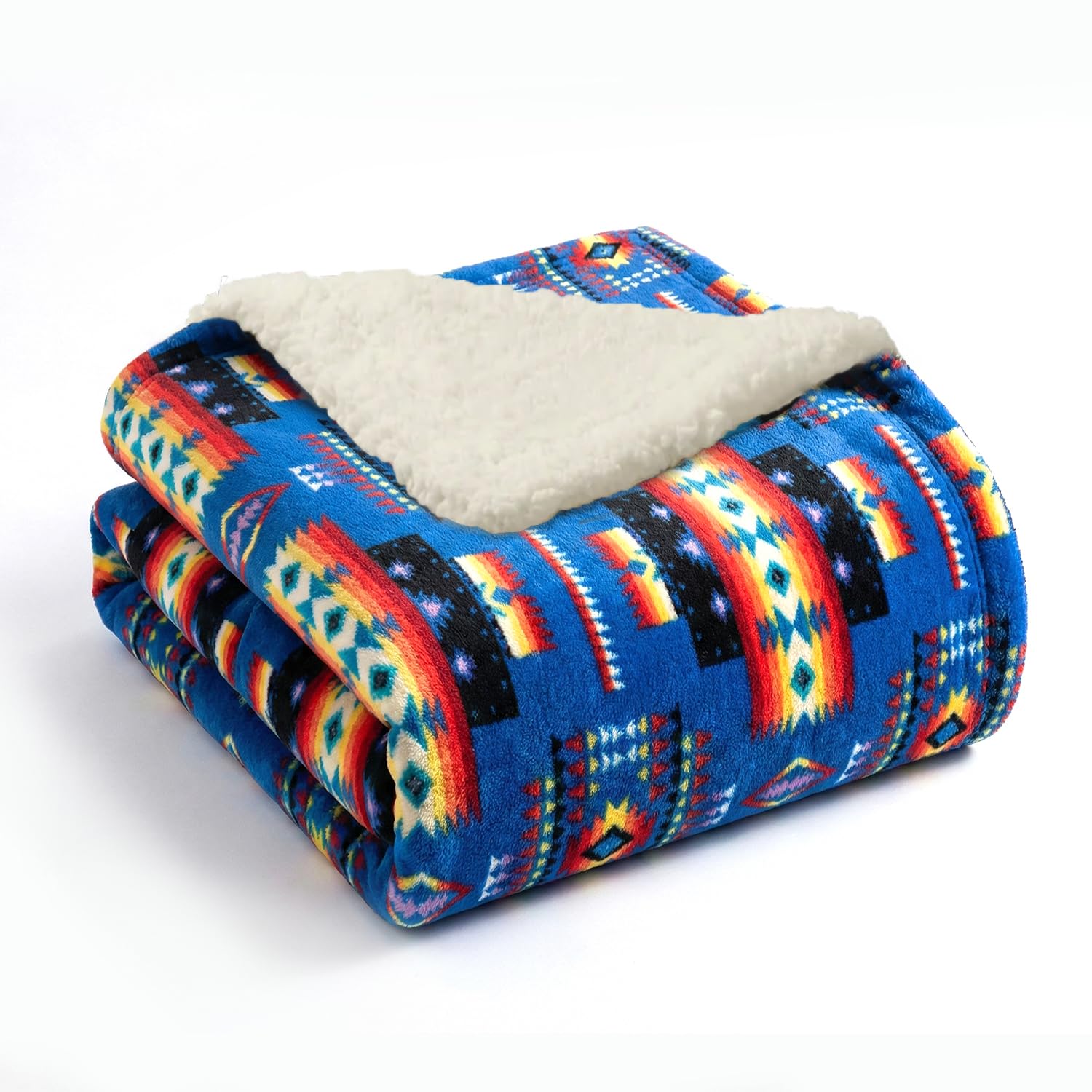 Sacred Thread Aztec Blanket Fleece, Reversible Native American Blanket, Western Throw, Native American Western (Blue Sherpa), Full (60”x80”)