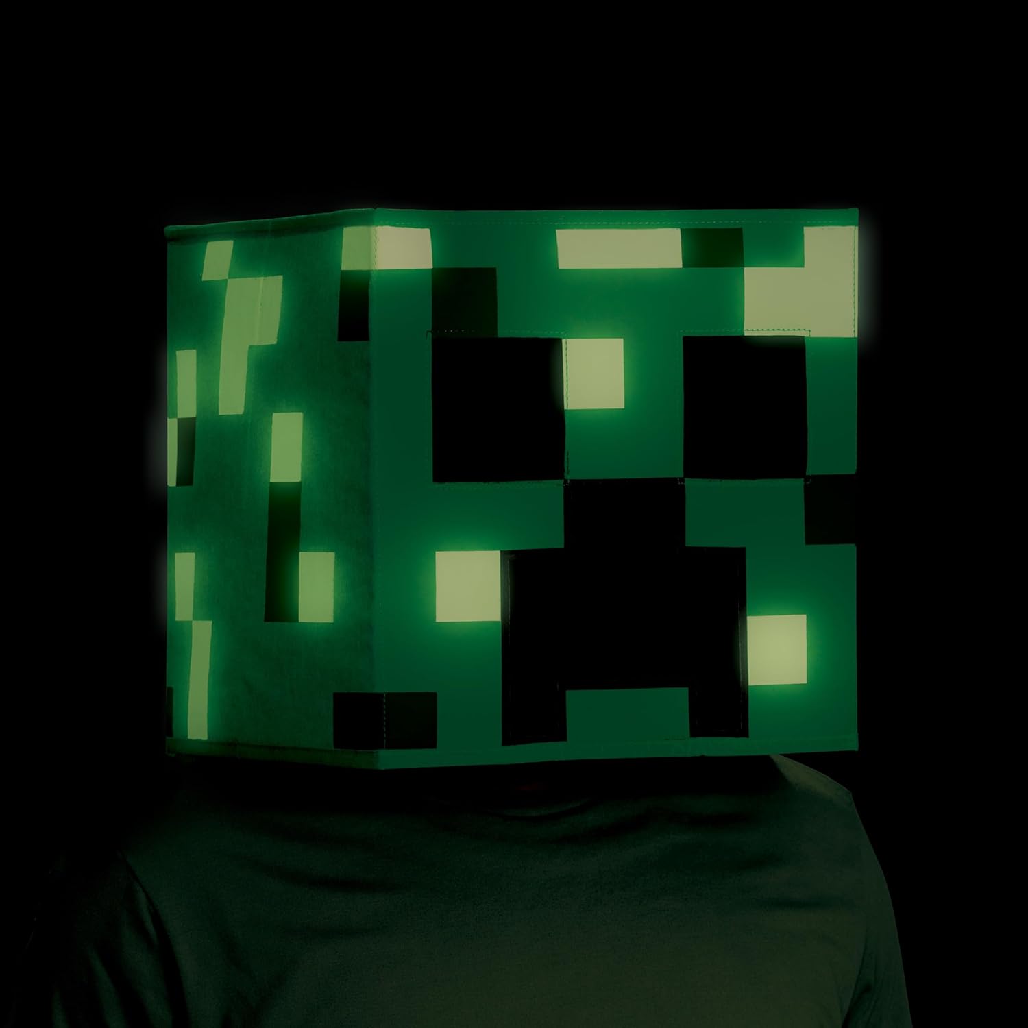 Disguise Creeper Block Head Mask, Offiical Minecraft Glow in the Dark Blockhead Costume Accessory, Unisize 8+