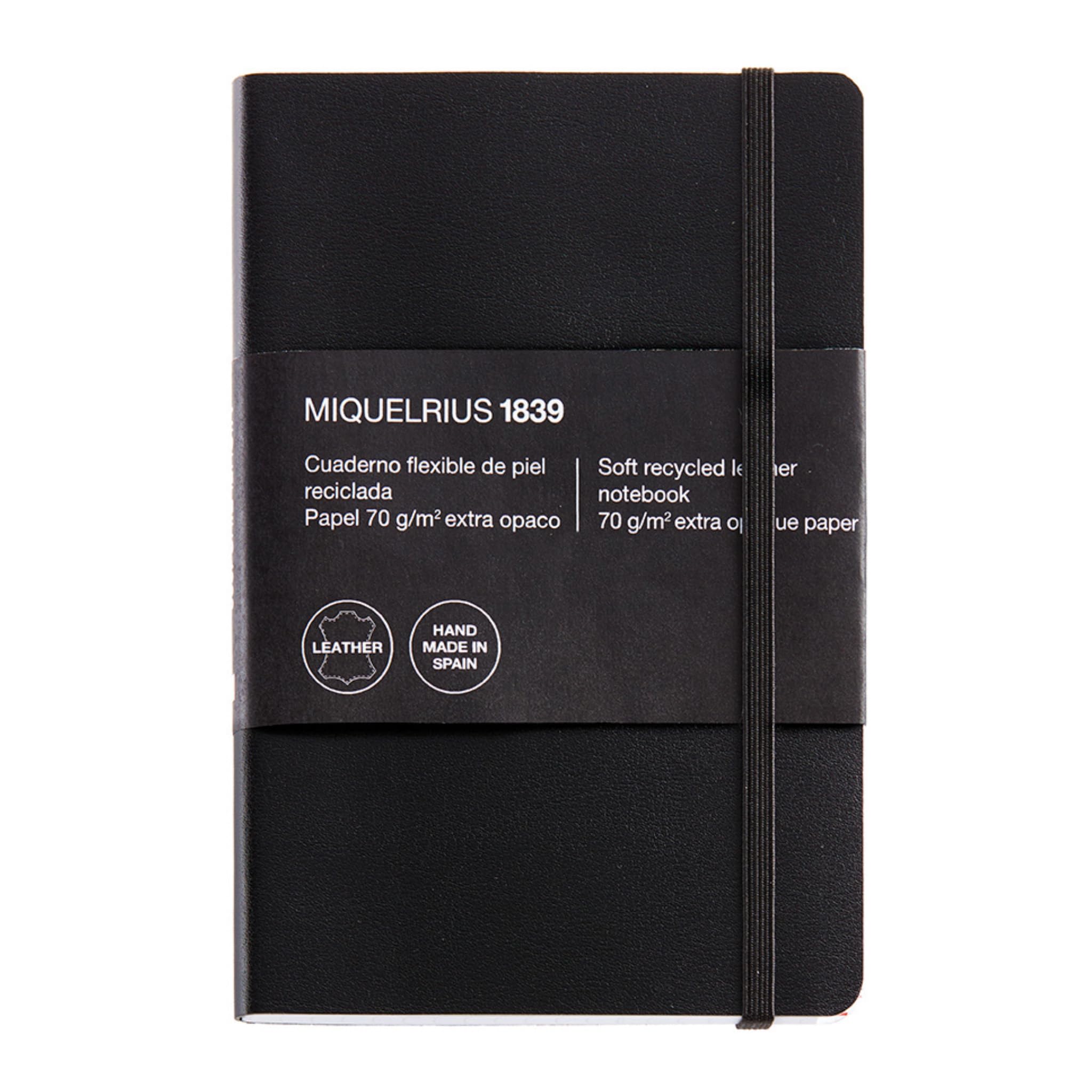 Miquelrius - Cuaderno flexible con índice alfabético, Compacto de piel reciclada (104 x 150 mm), 300 hojas, Papel cuadriculado 5 mm, Con goma elástica, Fabricado en España, Color negro
