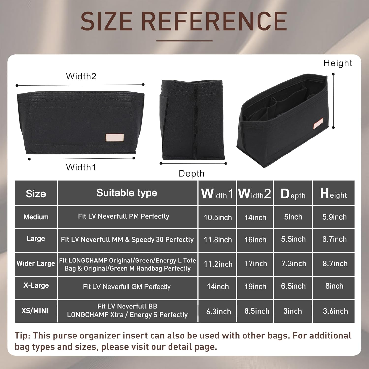 Doxo Purse Organizer Insert, Felt Bag Insert Tote Shaper Fit LV Speedy 30, Neverfull PM & Base Shaper 2pc Set (Medium-Black-Combination) - Image 2