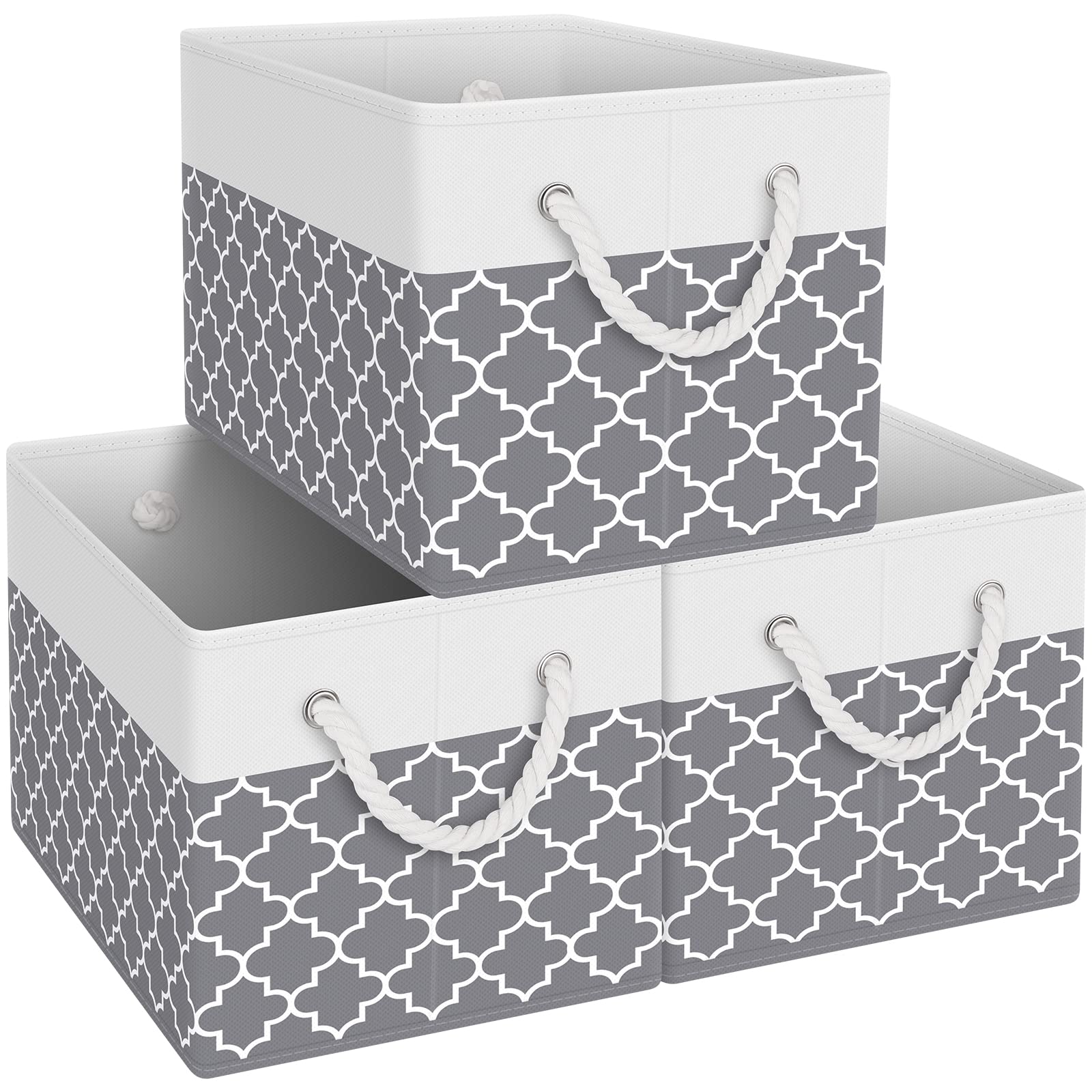 Fab totesStorage Bins [3-Pack], Foldable Storage Baskets for Organizing Toys, Books, Shelves, Closet, Large Storage Box with Rope Handles, Sturdy Organizer Bins,Clover Grey