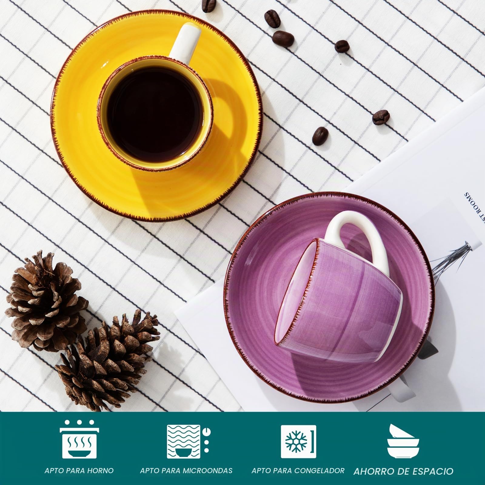 vancasso Cuenco de cerámica, Juego de Tazas vancasso BONITA 12 piezas, Tazas de Espresso, Servicio de Café para 6 personas, Juego de Tazas, platillos, Estilo Arcoíris
