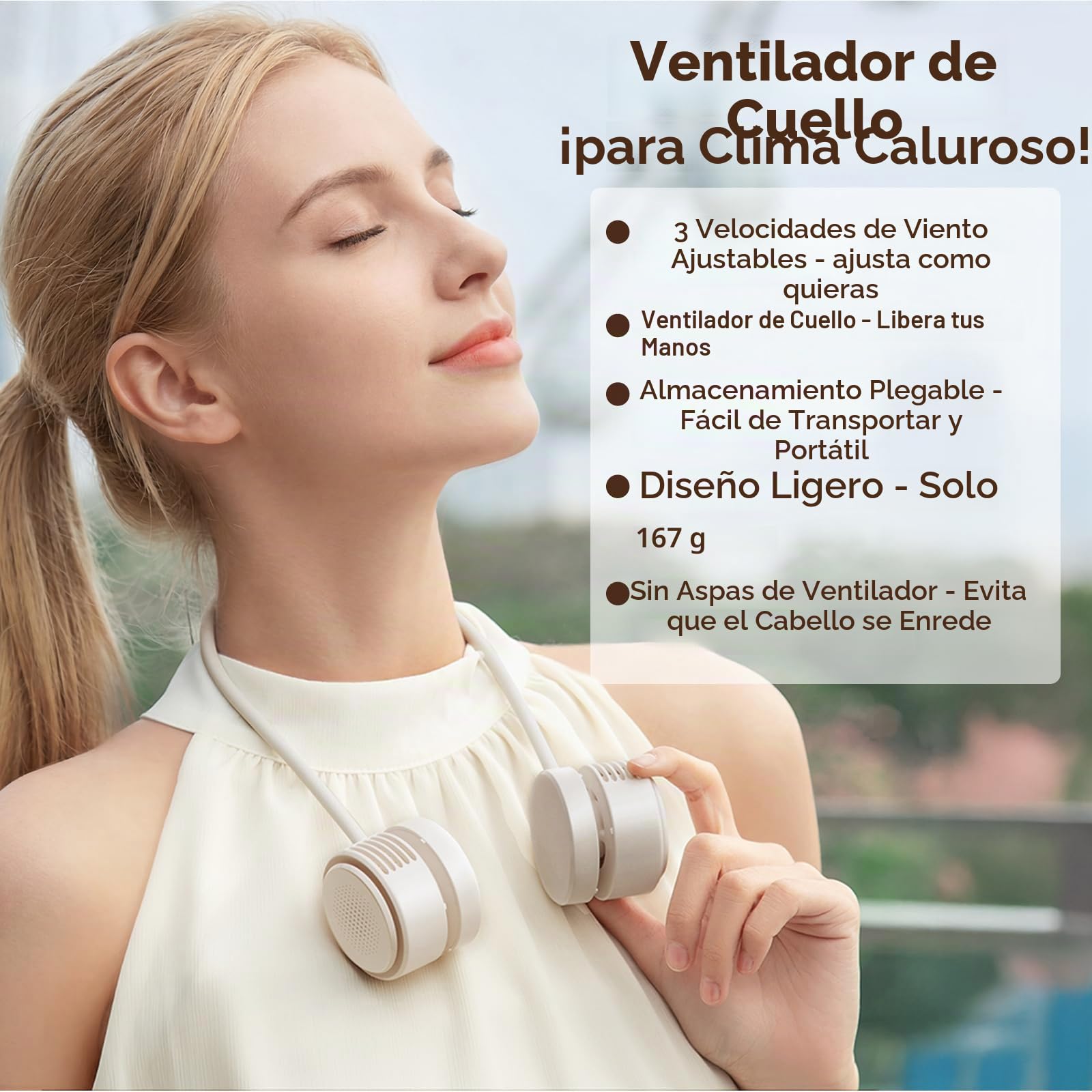 ViSSKO Ventilador de Cuello, 2000mAh Mini Portatil Ventilador Silencioso, Ajustable 3 Velocidades & 360° Flujo de Aire, Cuello Ventilador Sin Aspas para Viajes Deporte Oficina Hogar - Blanco