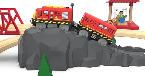 Miniatura 8 de Train Toys - Tren de locomotora a pilas para pista de madera, tren motorizado para niños pequeños con conexión magnética, compatible con Thomas, Rojo