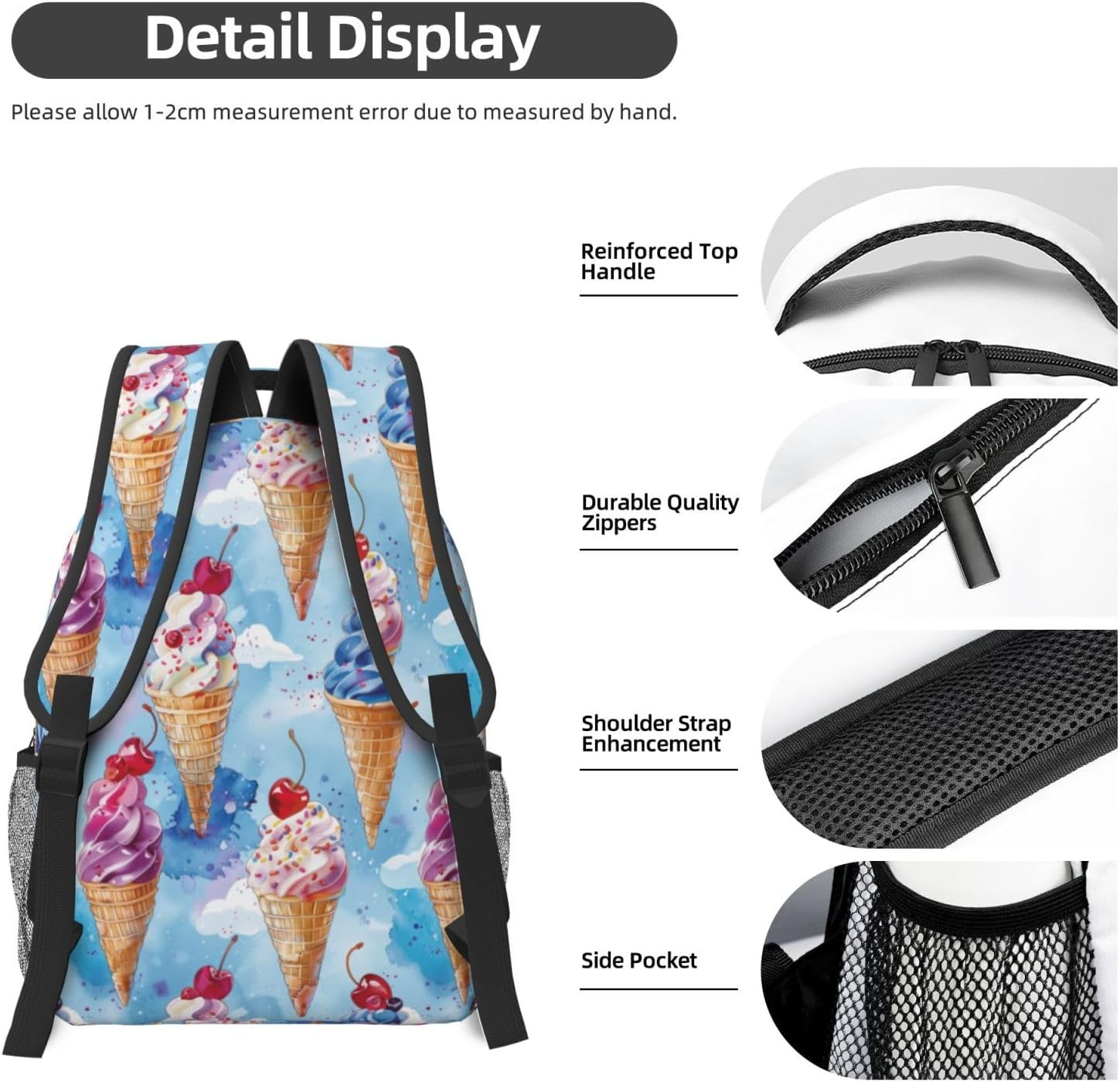 Fun Ice Cream Backpack, Travel School Laptop Polyester Playful Watercolor Backpacks for Women Kids, Work Sports Back Pack Casual Daypack, Lightweight Rucksack Gifts for Gym Camping Hiking