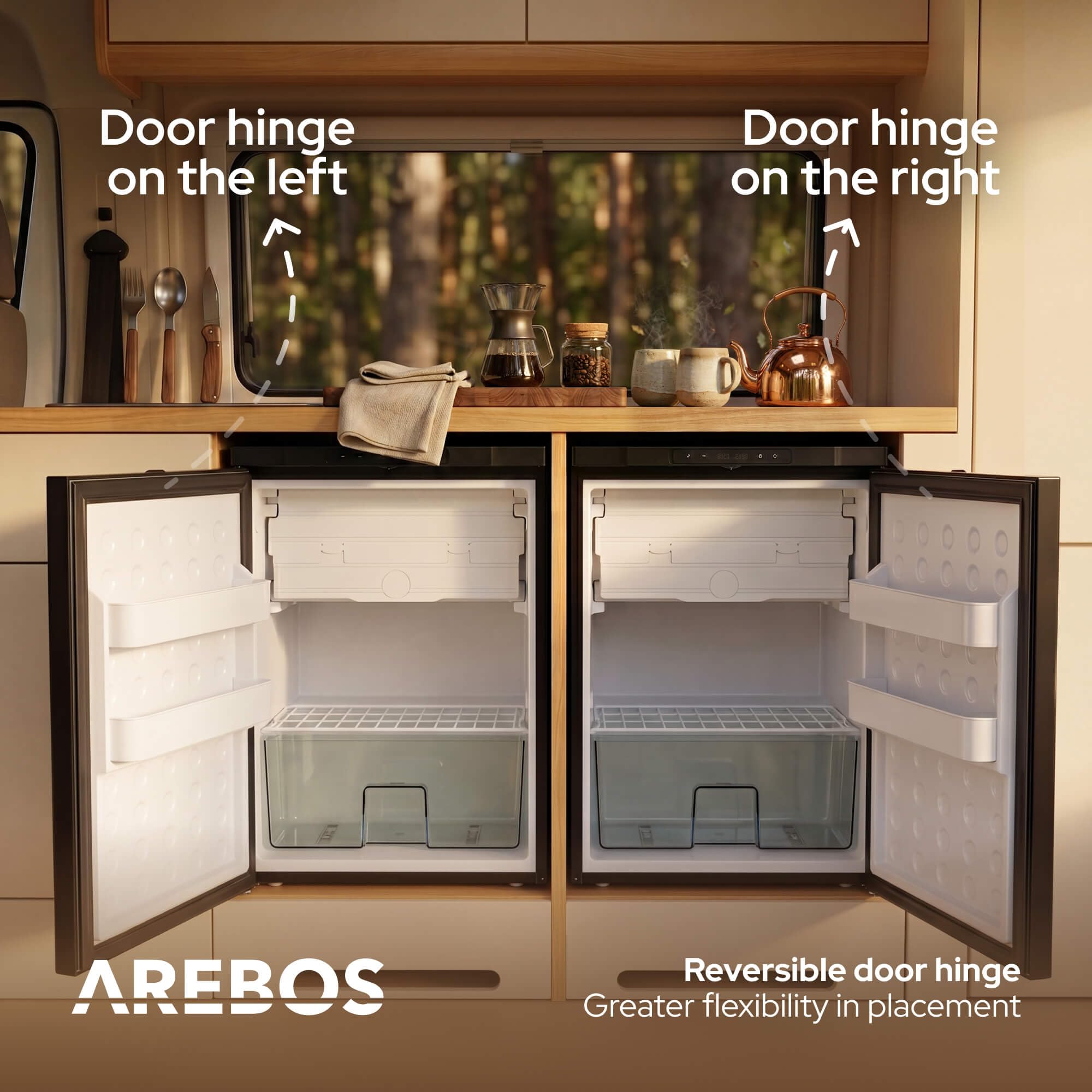 Arebos Lodówka Kompresorowa do Kampera 65L z Zamrażalnikiem | Sterowanie APP | 12V/24V | Chłodzenie do -20°C | Odwracalne Drzwi | Lodówka do Kampera, Auta i Ciężarówki