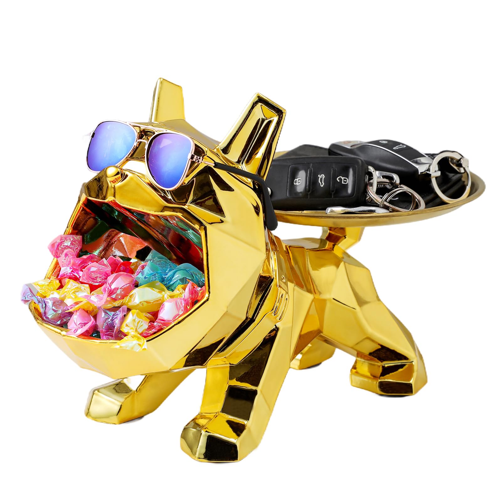 GUGUGUHOME Bulldog Statue,Candy Dish for Office Desk,Key Bowl for Entryway Table,French Bulldog Candy Dish Key Holder Bowl, maximalist decor Dog Figurine Home Sculpture (Golden)