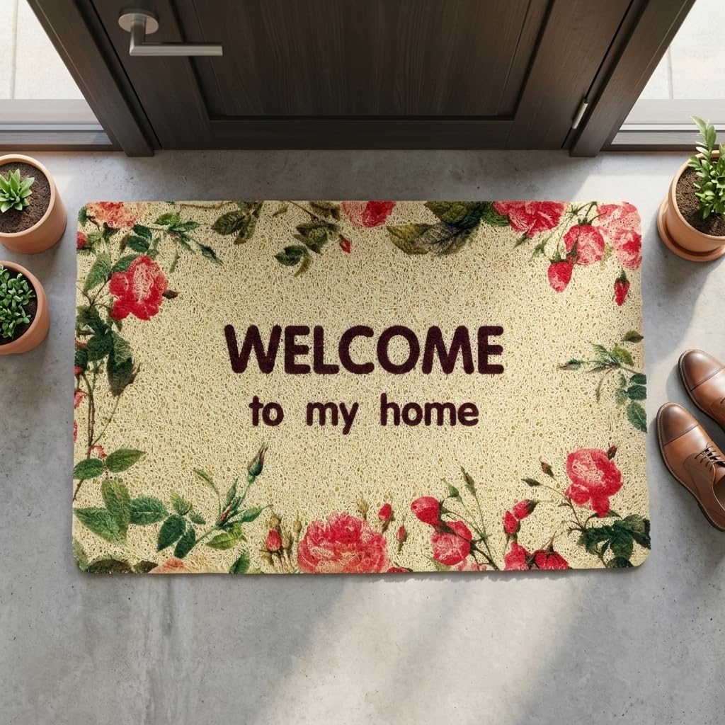 DecorTwist PVC Doormat 60x40 cm | 8mm Thick Anti-Slip Door Mat for Indoor & Outdoor | Heavy Duty Entrance Mat | “Welcome to My Home” | Dirt & Water Resistant (Pink Floral – “Welcome to My Home”)-picture-11