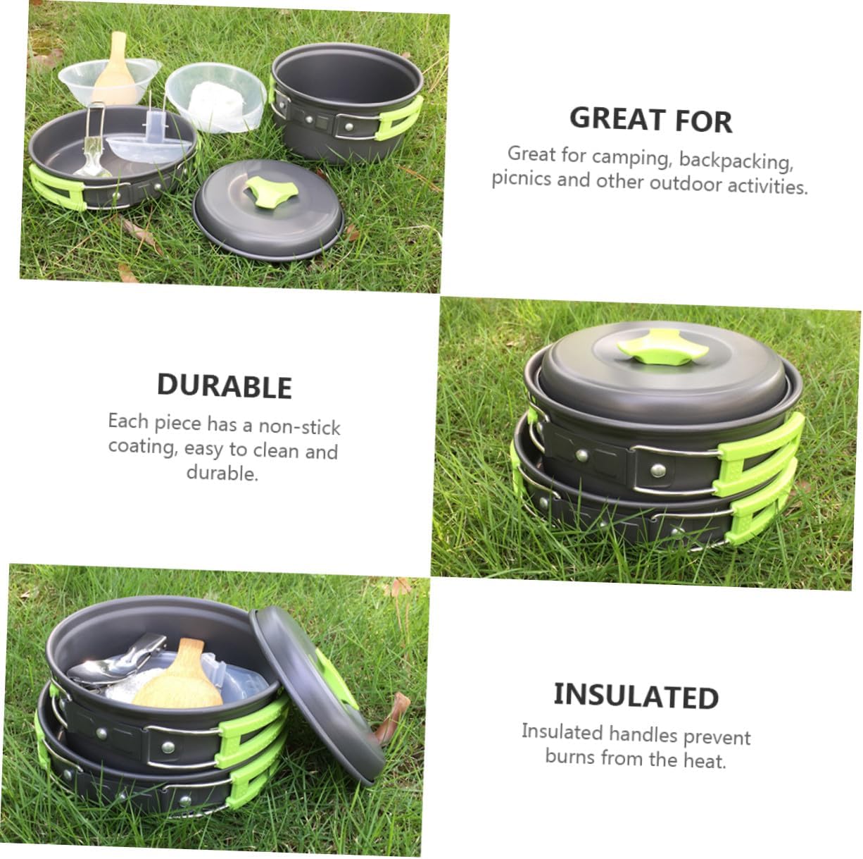 Camping Cookware Set for 1-2 People, Nonstick Portable Aluminum Pots with Green Handles, Folding Tableware and Utensils Including Fork and Spoon, Outdoor Hiking and Camping Cooking