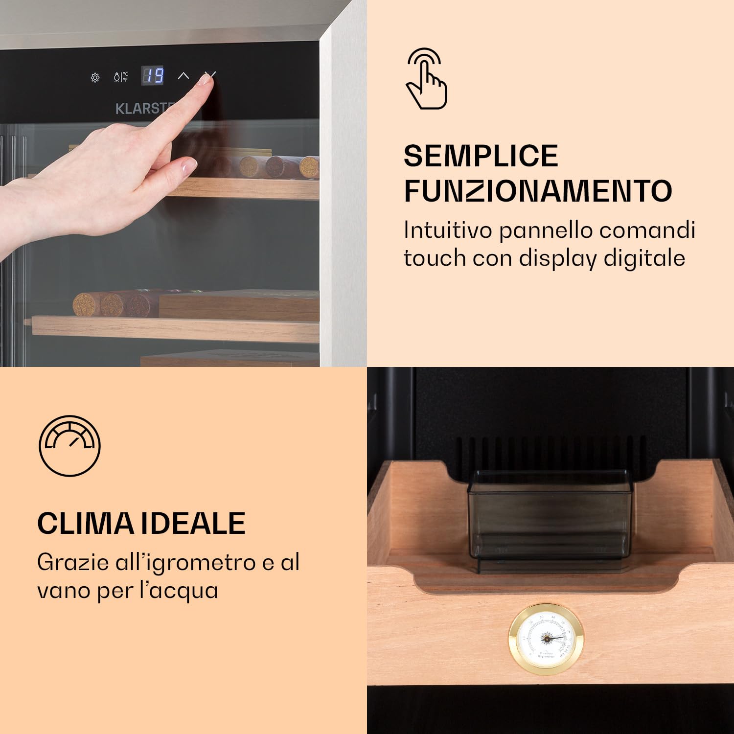 Klarstein El Presidente Umidificatore per Sigari - Armadio Humidor Termoelettrico con Porta in Vetro, Ripiani in Legno di Cedro, Igrometro, Luce LED Interna, 48 Litri, Argento