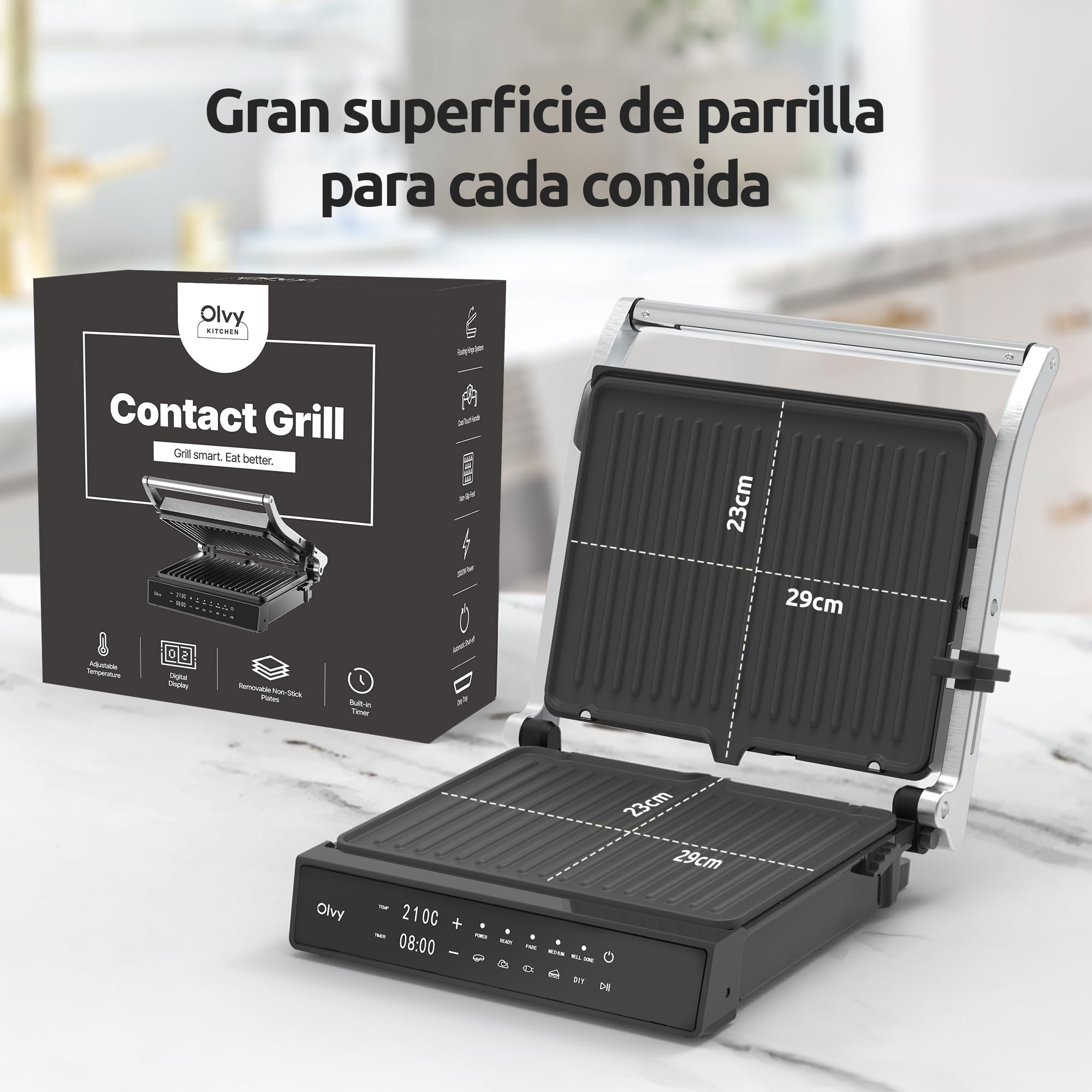 Olvy Kontaktgrill – Parrilla Eléctrica 5 Programas Automáticos – 180° Apertura – 2000 W – Placas Antiadherentes Desmontables – Termostato y Temporizador – Panini, Sandwich, Steak, Verduras