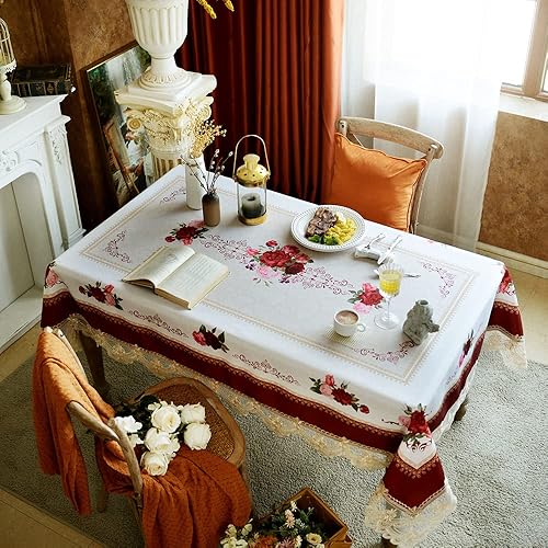 Miniatura 6 de SUTAVIA - Mantel de encaje bordado, mantel de mesa rectangular de estilo granja, mantel clásico rectangular antiguo con flores decorativas de