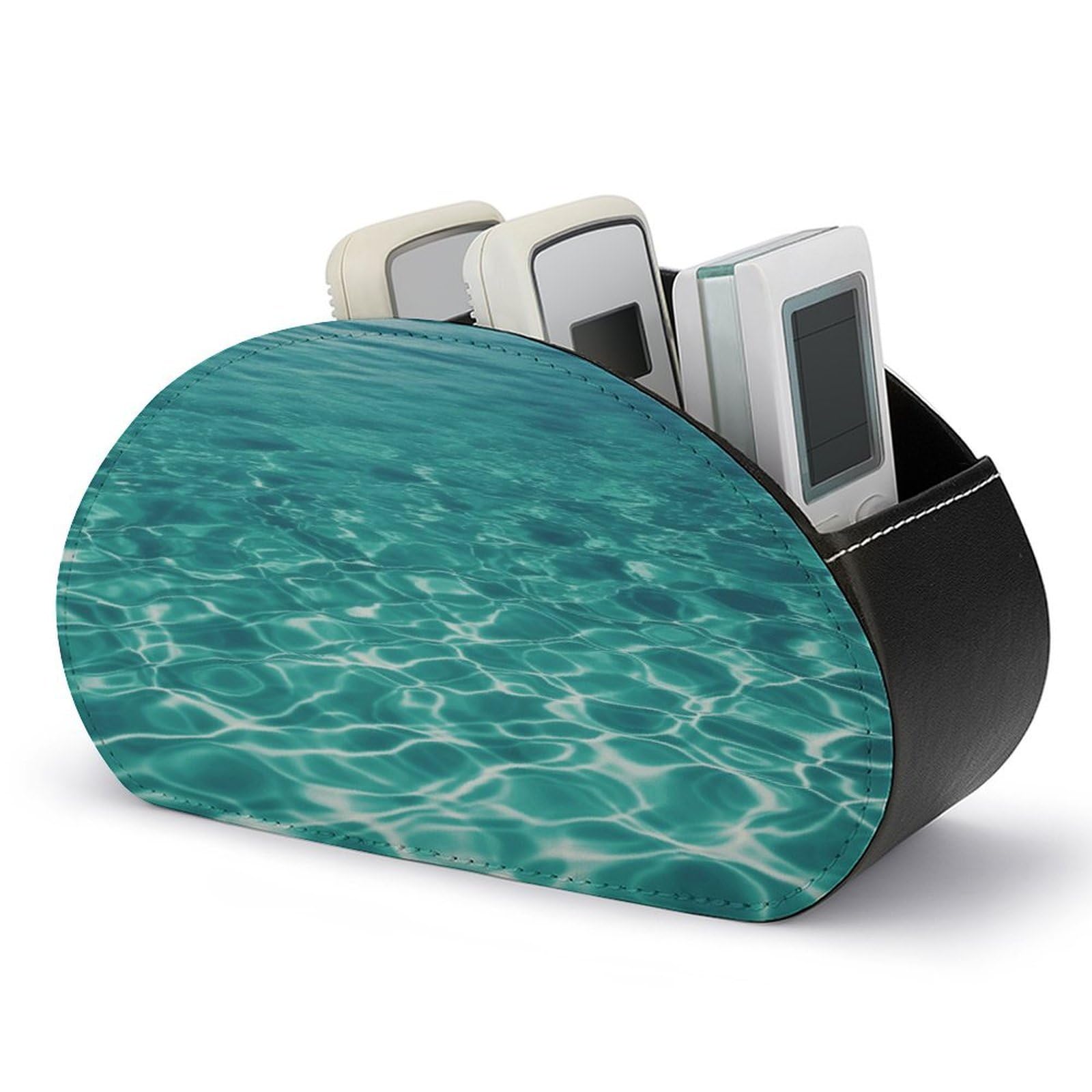 FekiLoot Leather Remote Control Holder with 5 Compartments Blue Aqua Pool Water Remote Caddy Desktop Organizer Store TV Remote Holder Remote Organizer for Bedside Table Office Desk