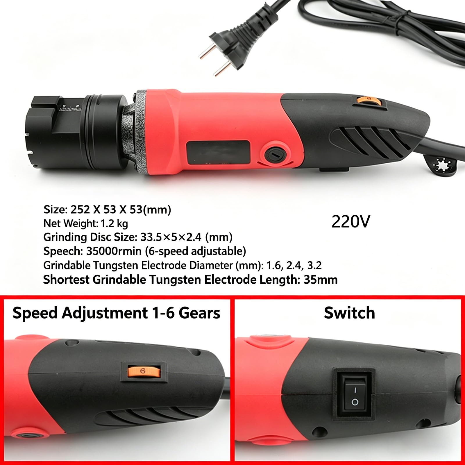 Afilador de electrodos de tungsteno para soldadura TIG, amoladora eléctrica de mano, ajuste de 6 velocidades, ángulos de 15°-50°, diámetro de 1.6-3.2 mm, compatible con la mayoría de herramientas