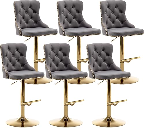 Miniatura 16 de Juego de 2 taburetes de bar de terciopelo, taburetes de bar giratorios de altura de mostrador con ribete de cabezas de clavos y botón, taburetes de