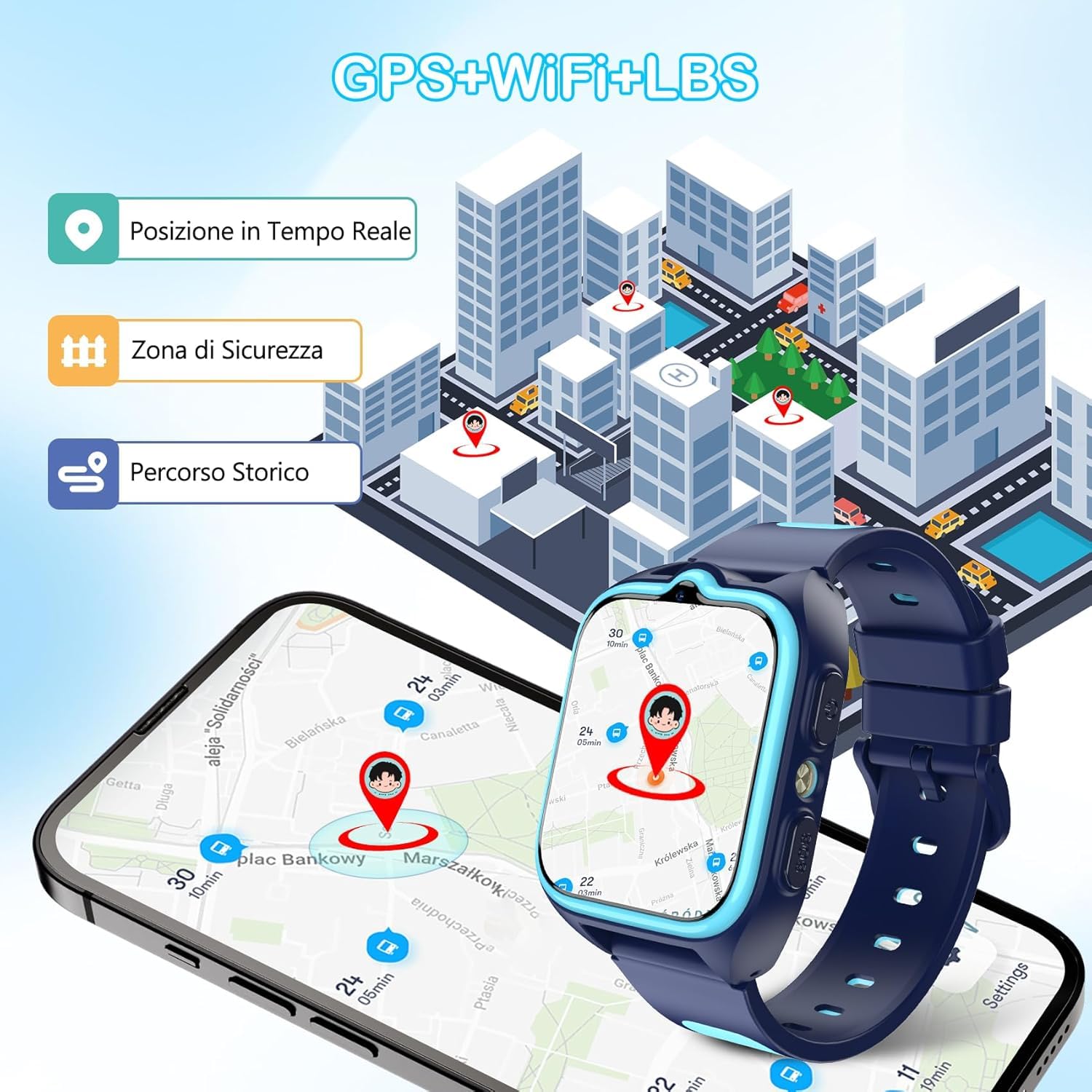 IOWODO Smartwatch Bambini 4G, Orologio Localizzatore GPS con Chiamata Video, Funzione SOS, Modalità Campus, Giochi Educativi, Batteria 800mAh, Impermeabile, Regalo per Ragazzi e Bambine Blu