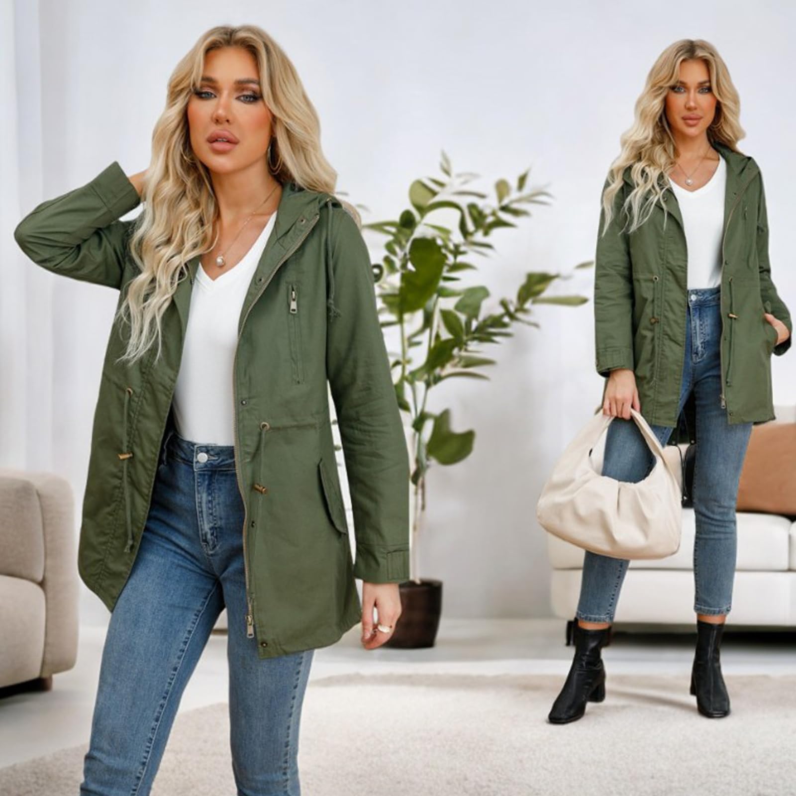 Damen Casual Leichtgewicht Militär Jacken Anorak Utility hohe Taille Drawstring Zip Up Hood Mantel