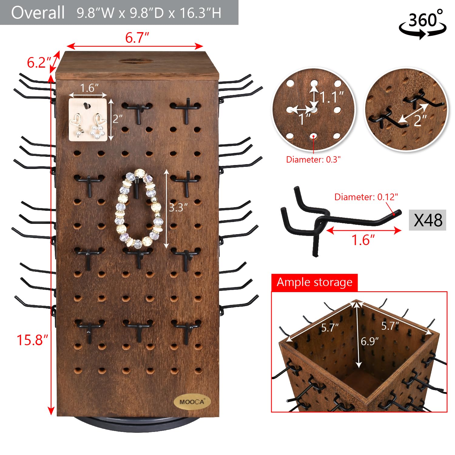 MOOCA Wooden Rotating Four-Sided Pegboard Jewelry Accessories Rack, Rotating Jewelry Display with a Lid for Large Inner Storage Space, 48 Removable Black Hooks, Brown Color