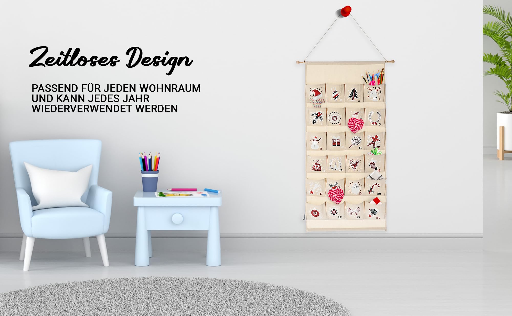 Adventskalender zum Befüllen, hochwertiger Leinen Stoff, 24 Fächer, zum Aufhängen, mit Holzstange, 108 x 51 cm