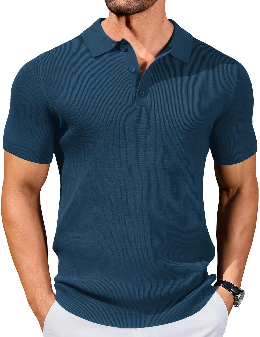 COOFANDY Mens Slim Fit Knit Polo Shirts Business Lightweight Polo Sweater Casual Summer Ribbed Textured Collared T Shirt