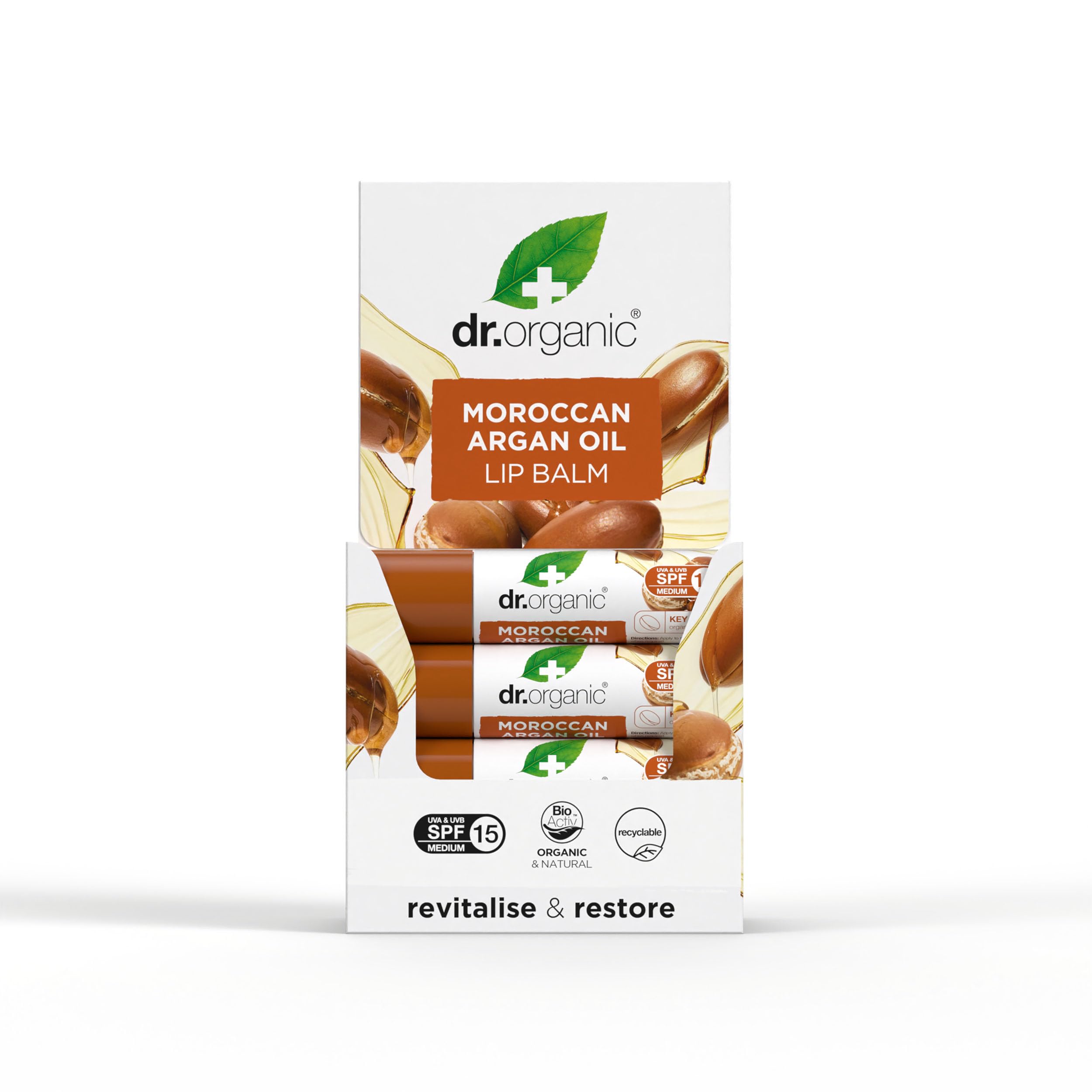 Dr Organic Moroccan Argan Oil Lip Balm, Moisturising, SPF 15, Mens, Womens, Natural, Vegetarian, Cruelty-Free, Paraben & SLS-Free, Recycled & Recyclable, Organic, 5.7ml, Packaging may vary