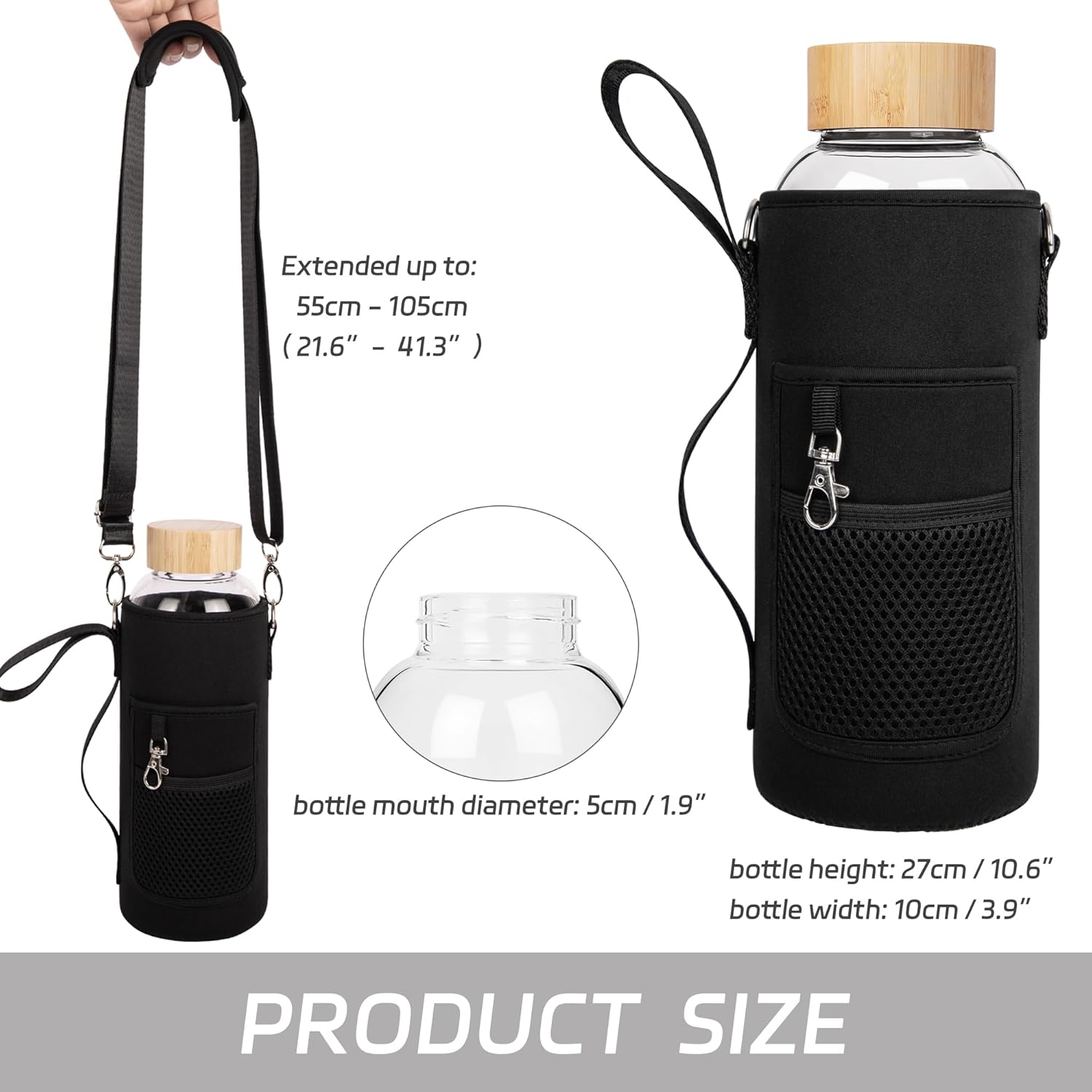 48 oz Sports Borosilicate Glass Water Bottle with Bamboo Lid with Neoprene Sleeve - Image 3