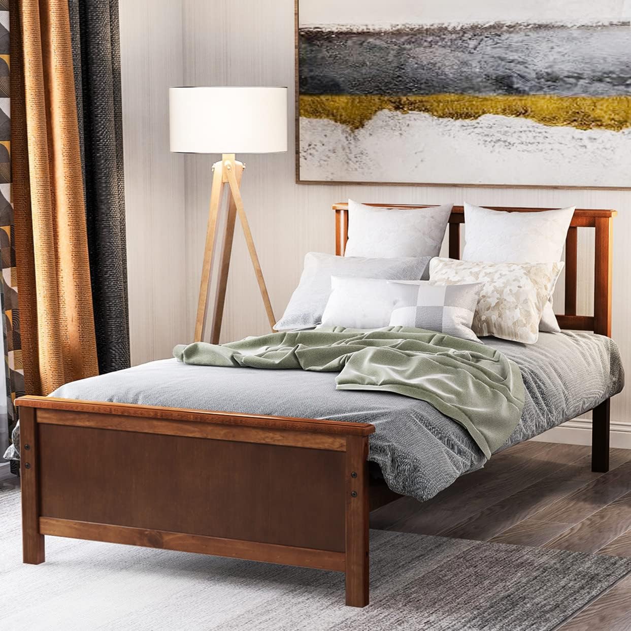 Merax Twin Bed Frames with Headboard and Footboard, Wood Twin Platform Bed Frame, Kids Twin Bed Frame,Single Bed Frame No Box Spring Needed(Walnut)