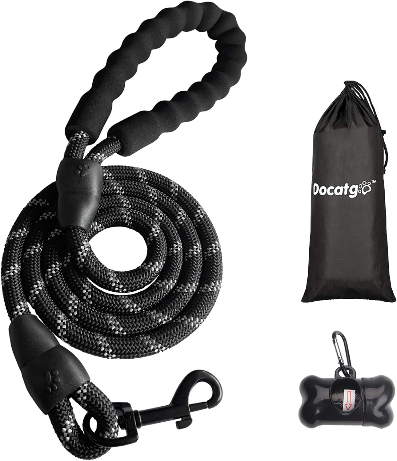 Docatgo 5 FT Strong Dog Leash with Comfortable Padded Handle and Highly Reflective Threads for Medium and Large Dogs (Black)