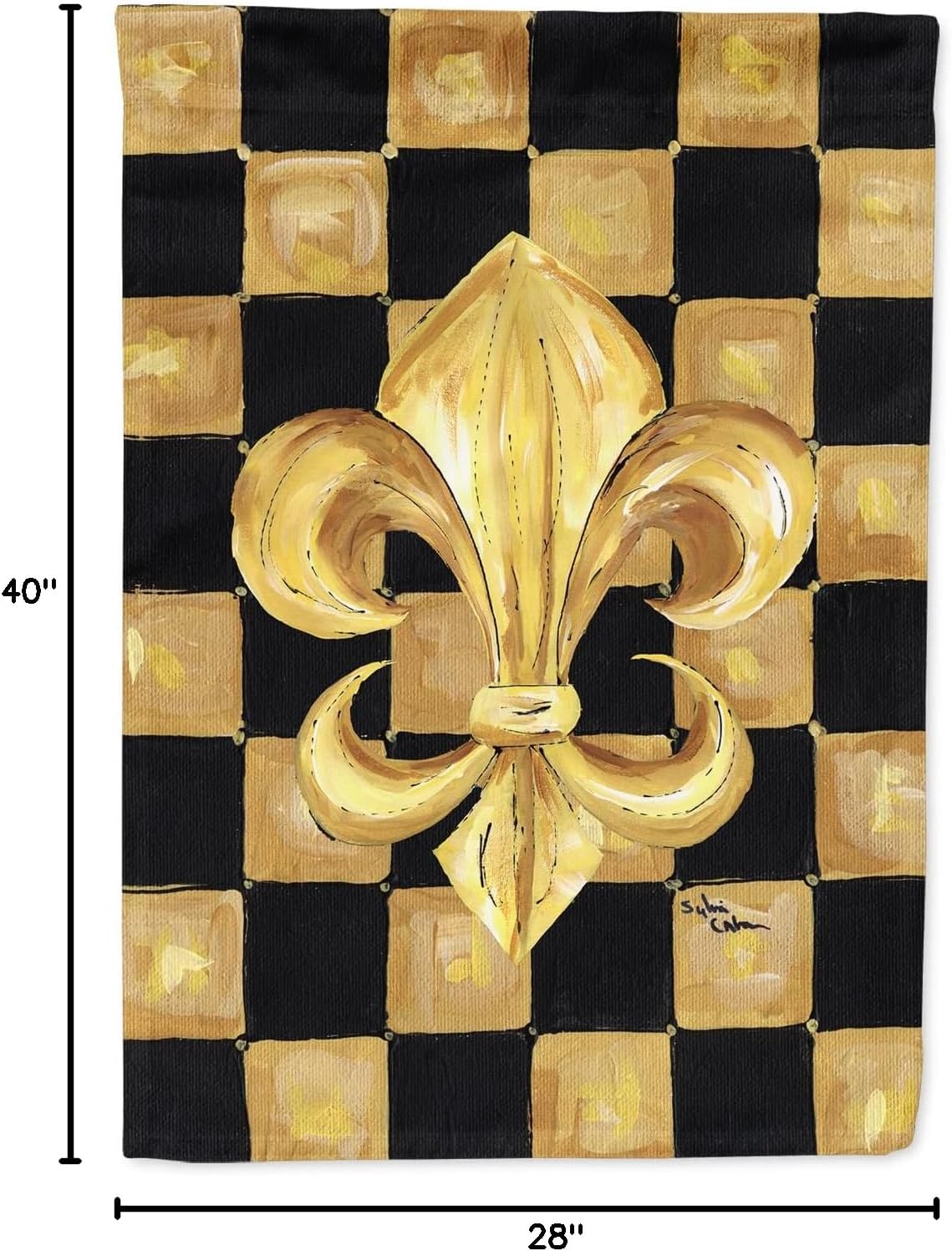 Caroline's Treasures 8197CHF Black Gold Checkered Flag Fleur de lis House Flag Large Porch Sleeve Pole Decorative Outside Yard Banner Artwork Wall Hanging, Polyester, House Size, Multicolor