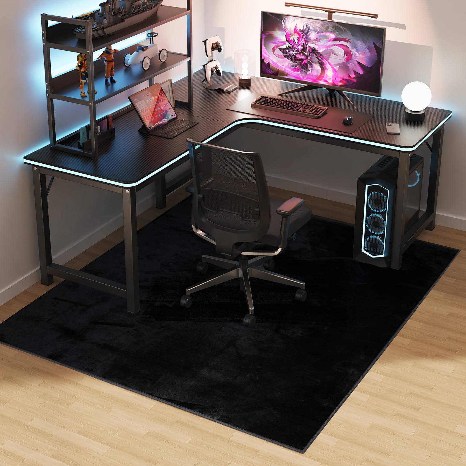 ZPAI ゲーミングチェアマット フランネル素材 130×160cm デスクチェアマット 滑り止め加工 ゲーミングマット 短毛タイプ 厚さ4mm 防音 床保護 デスクカーペット フローリング 傷防止 床暖房OK 椅子も足元もスムーズ快適 ブラック