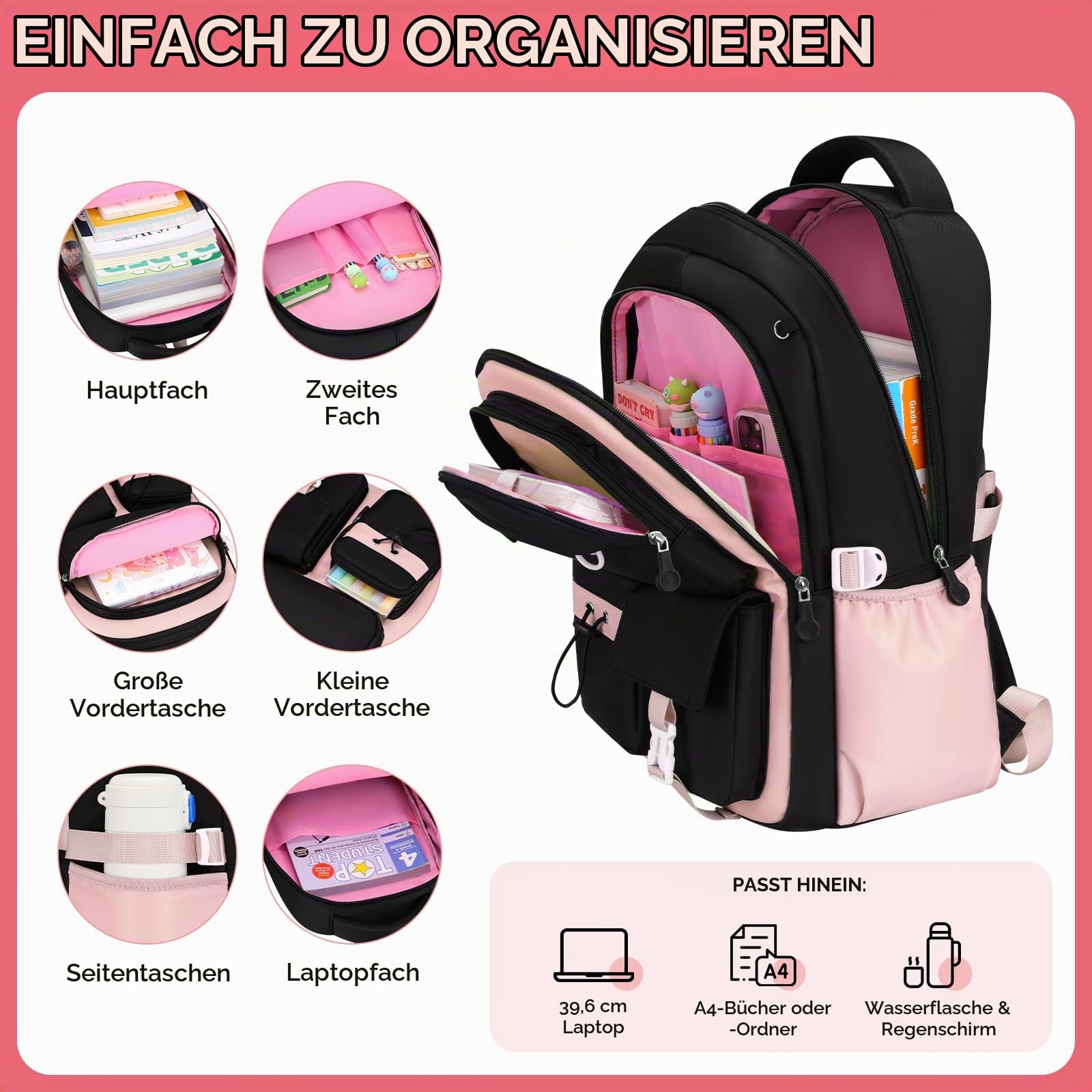 Amythe Schulrucksack Mädchen für 1. - 5. Klasse mit Reflektor | Schultasche Mädchen Rucksack Schule fur Teenager Grundschule Mittelschule, Lässiger Rucksack mit Geldbörse