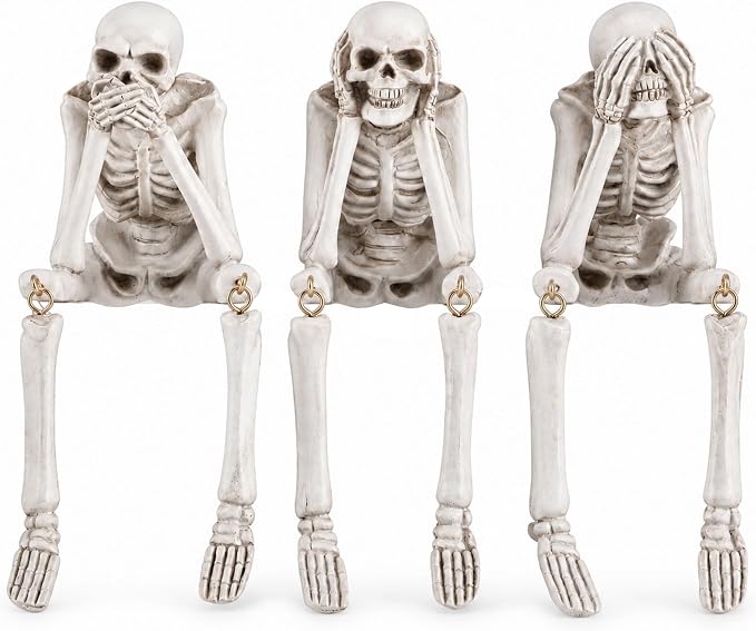 Skeleton Halloween Decorations Indoor, Set of 3 No Evil Resin Figurines