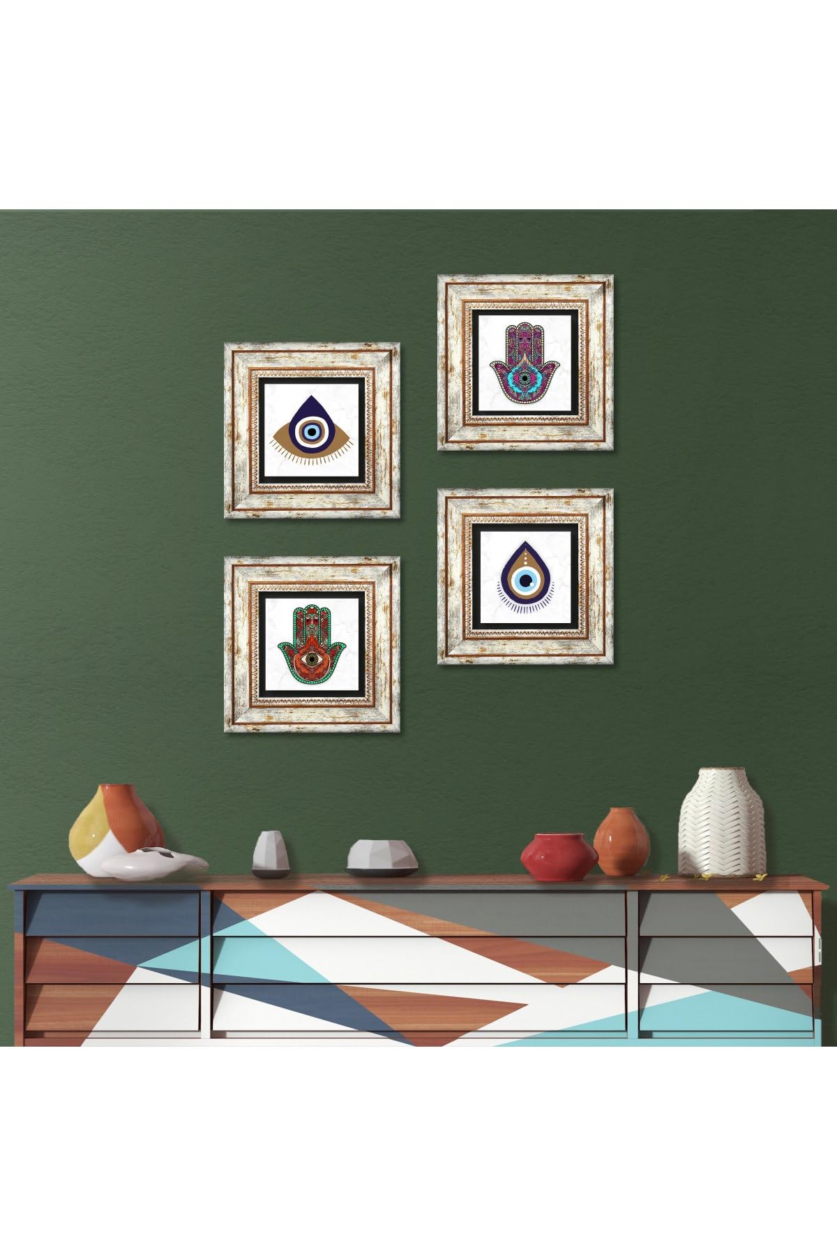 Pinecone Evil Eye Fatma Mother Hand (Hamsa) Stone Wall Painting Framed Wall Decor 4 Piece Painting Set Wall Art T4-1468
